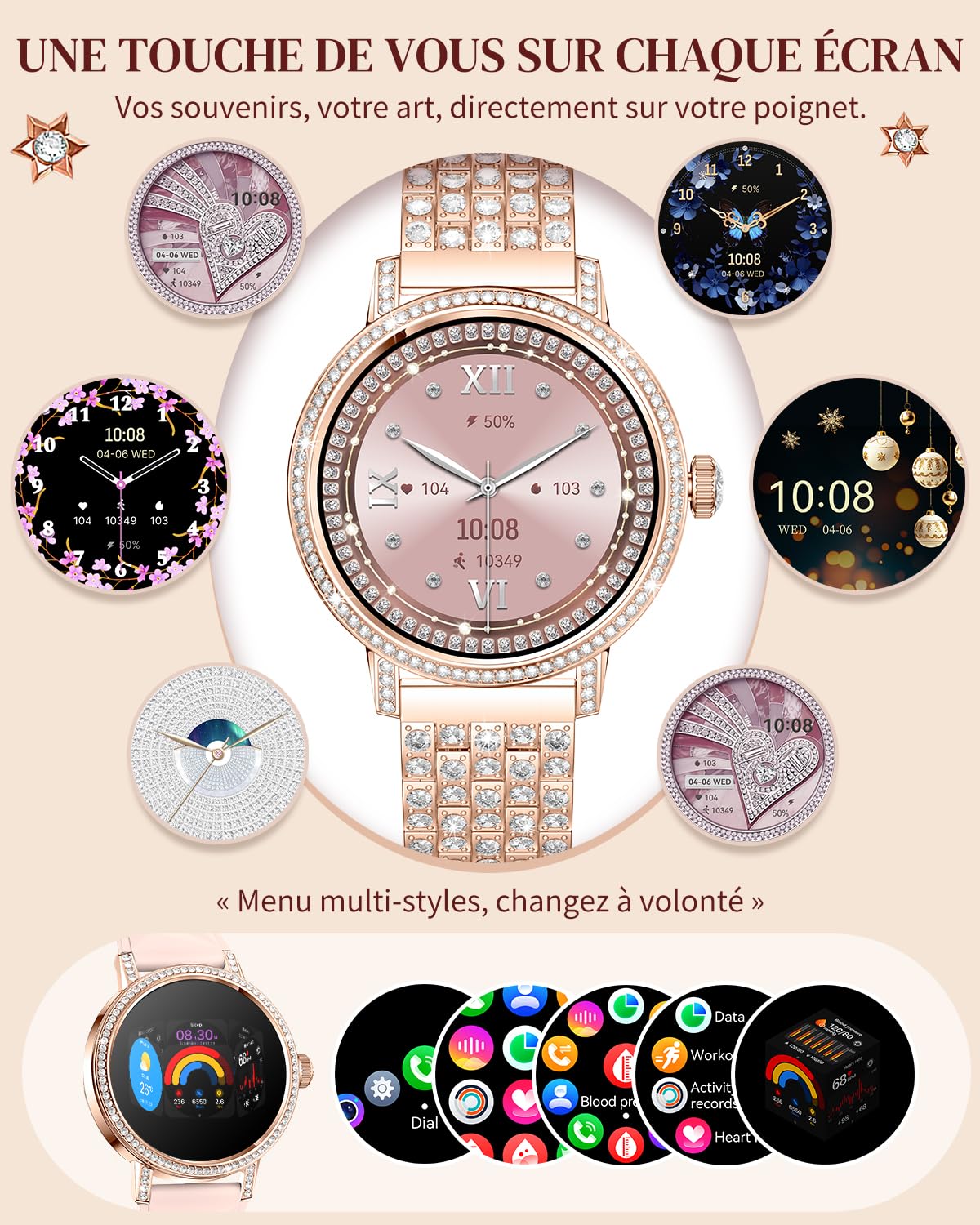 Montre Connectée Femme avec Diamant, Bluetooth/Sommeil/Fréquence Cardiaque