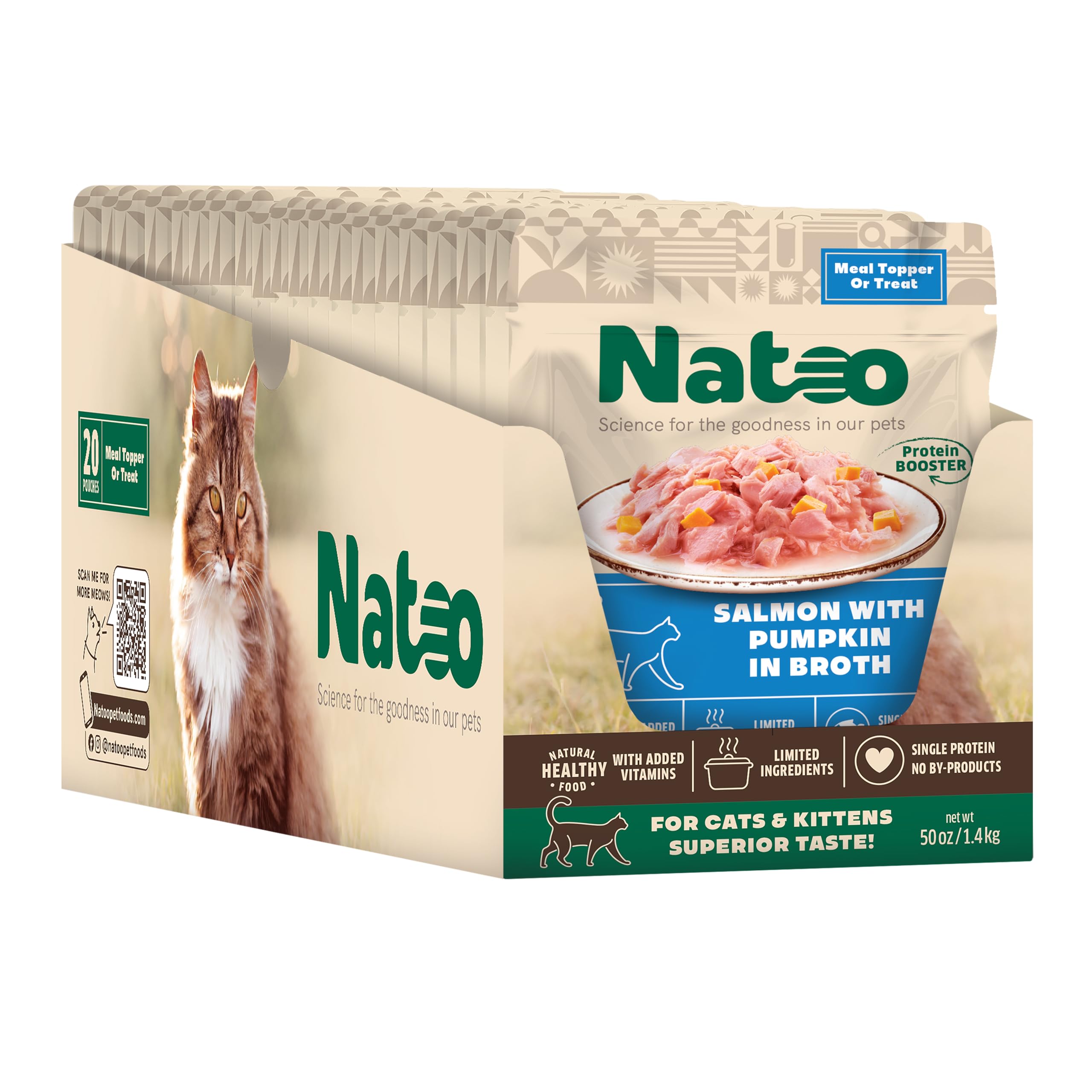 NATOO Cat Food Topper for Picky Eaters & Healthy Soft Cat Treat (Salmon & Pumpkin), Wet Food with Gravy, High Protein & Limited Ingredient, 2.4 oz (