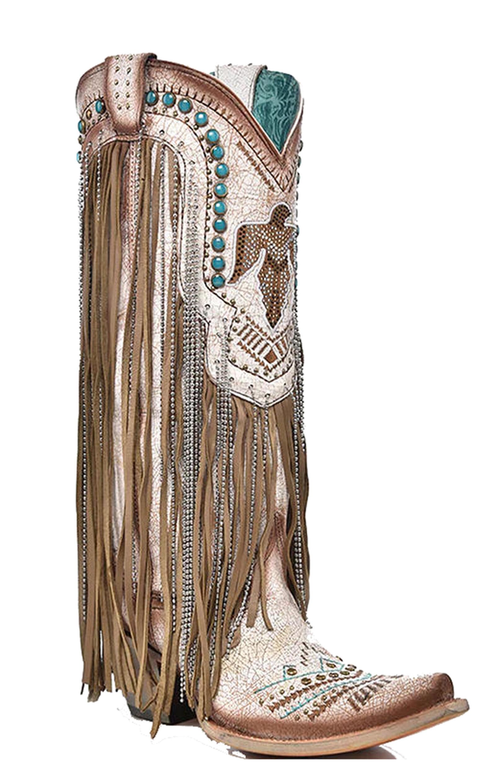 Womens Western Fringe Cowboy Boots Turquoise Studded Tall Cowgirl Boots Embroidered Leather Pull On Pointed Toe Riding Boots