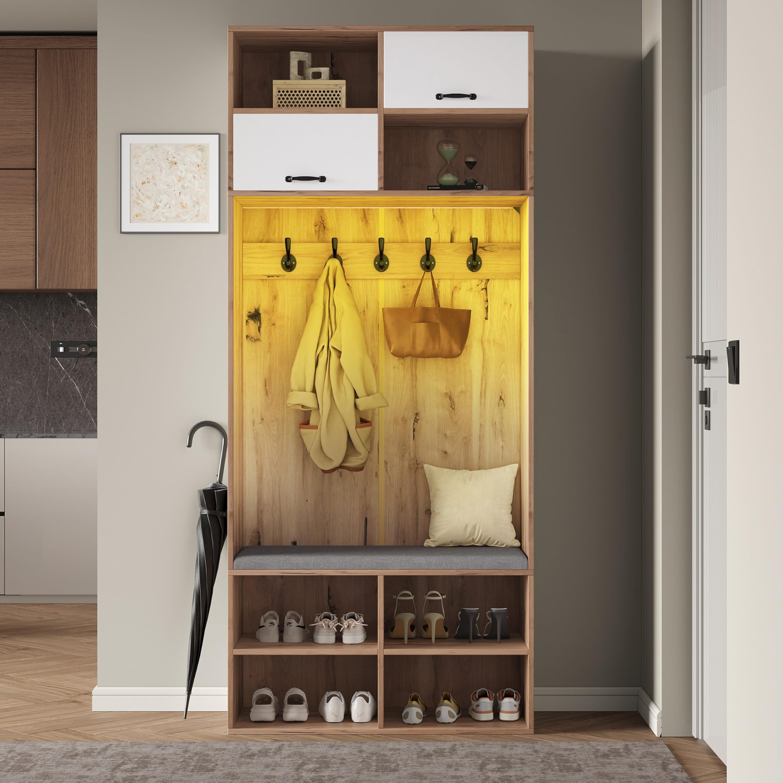Garderobenset, Komplett-Set Flurgarderobe mit Sitzbank, 5 Haken, 2 Türen & 6 Offener Lagerraum - Naturholzfarbe und Weiß, 80×185×35 cm