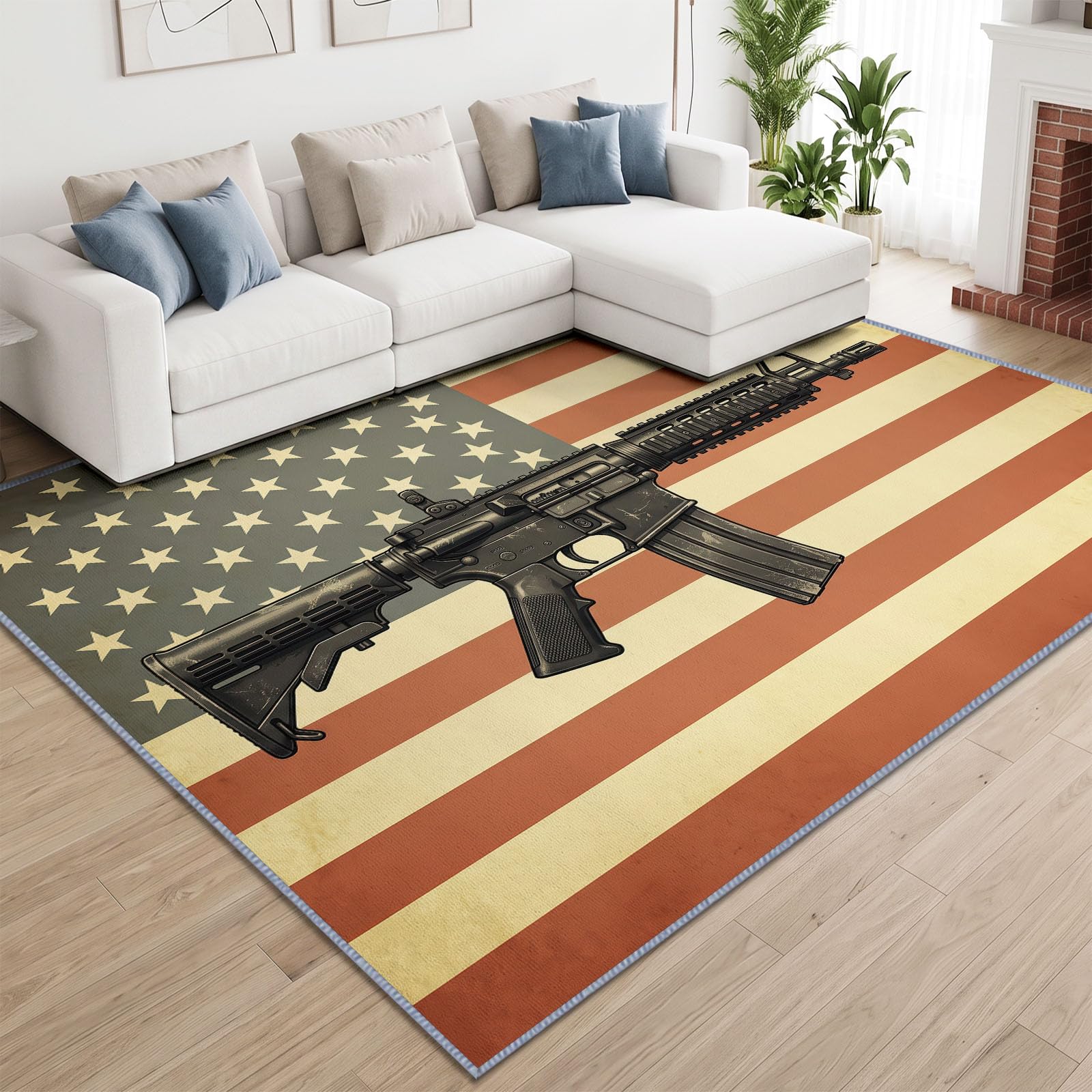 Drapeau Étoilé Fusil Assaut Moderne Tapis Salon Antidérapant 180x240cm