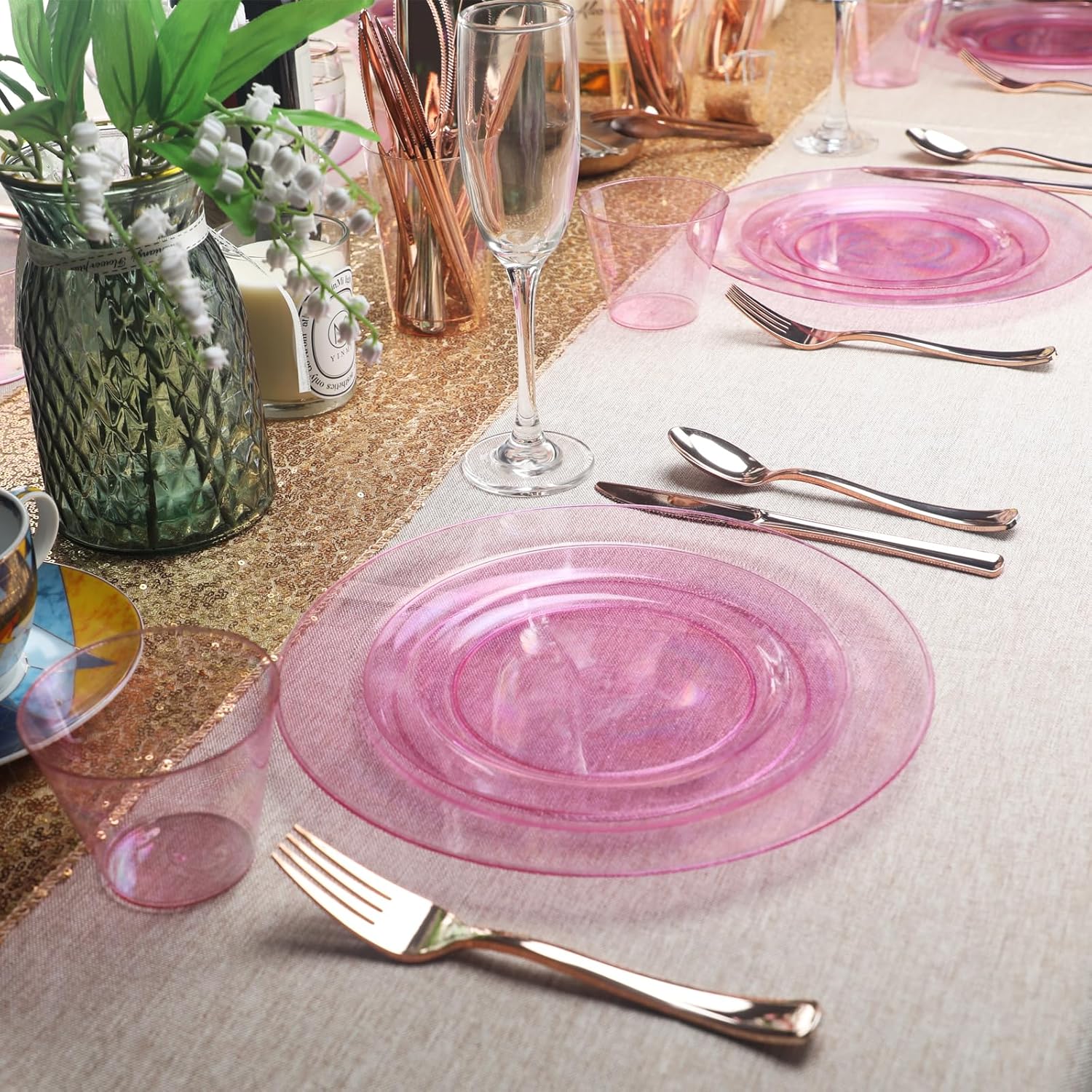 Homy Feel 60PCS Pink Glitter Plastic Plates -Include 30 Dinner & 30 Dessert Plate for New Year Christmas Birthday Wedding Party - Image 7