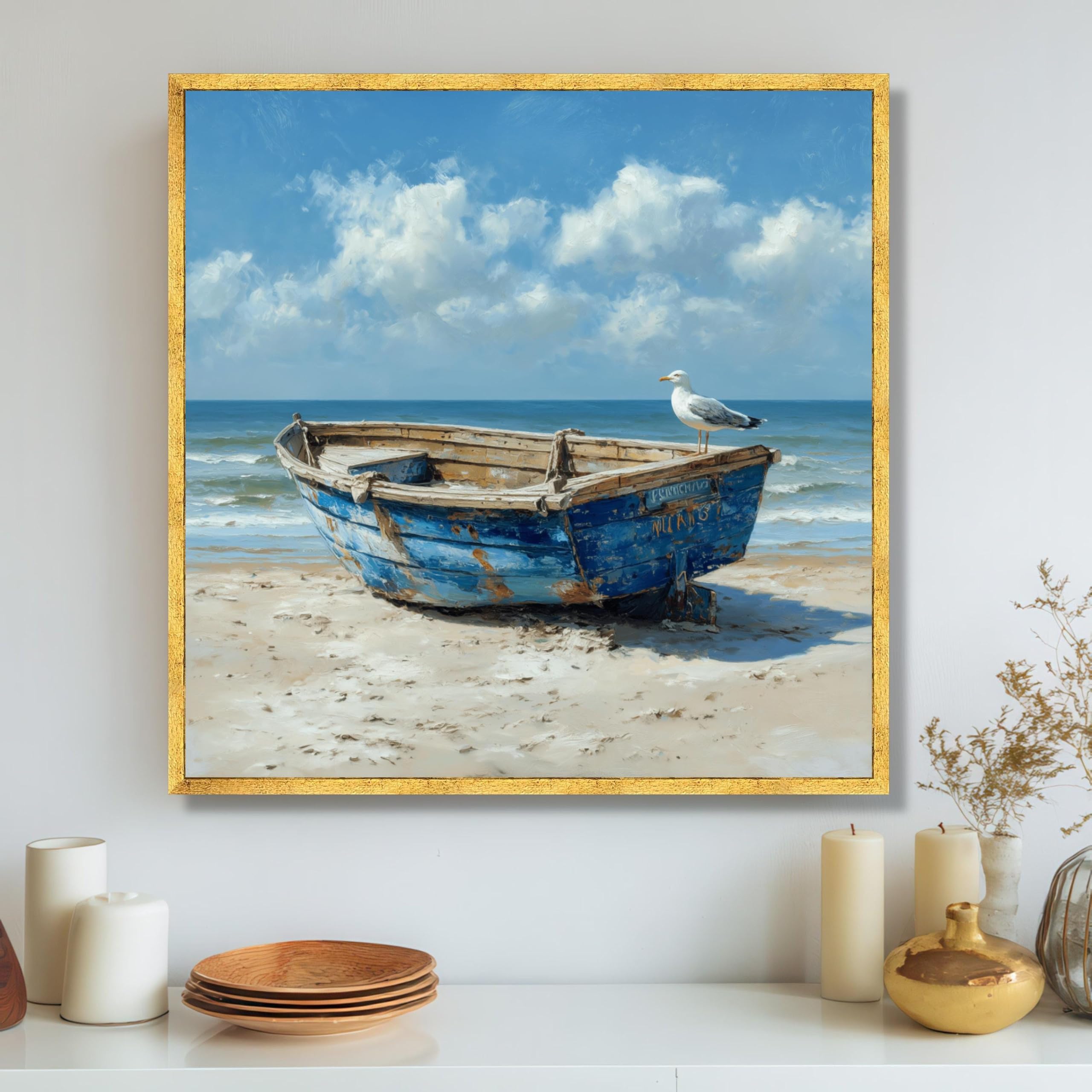 Lmycheng Frameless Rustic Blue Fishing Boat Canvas Prints, Seagull Bird Wall Art, Coastal Ocean Scene, Nautical Canvas Painting(30X30cm/Frameless)