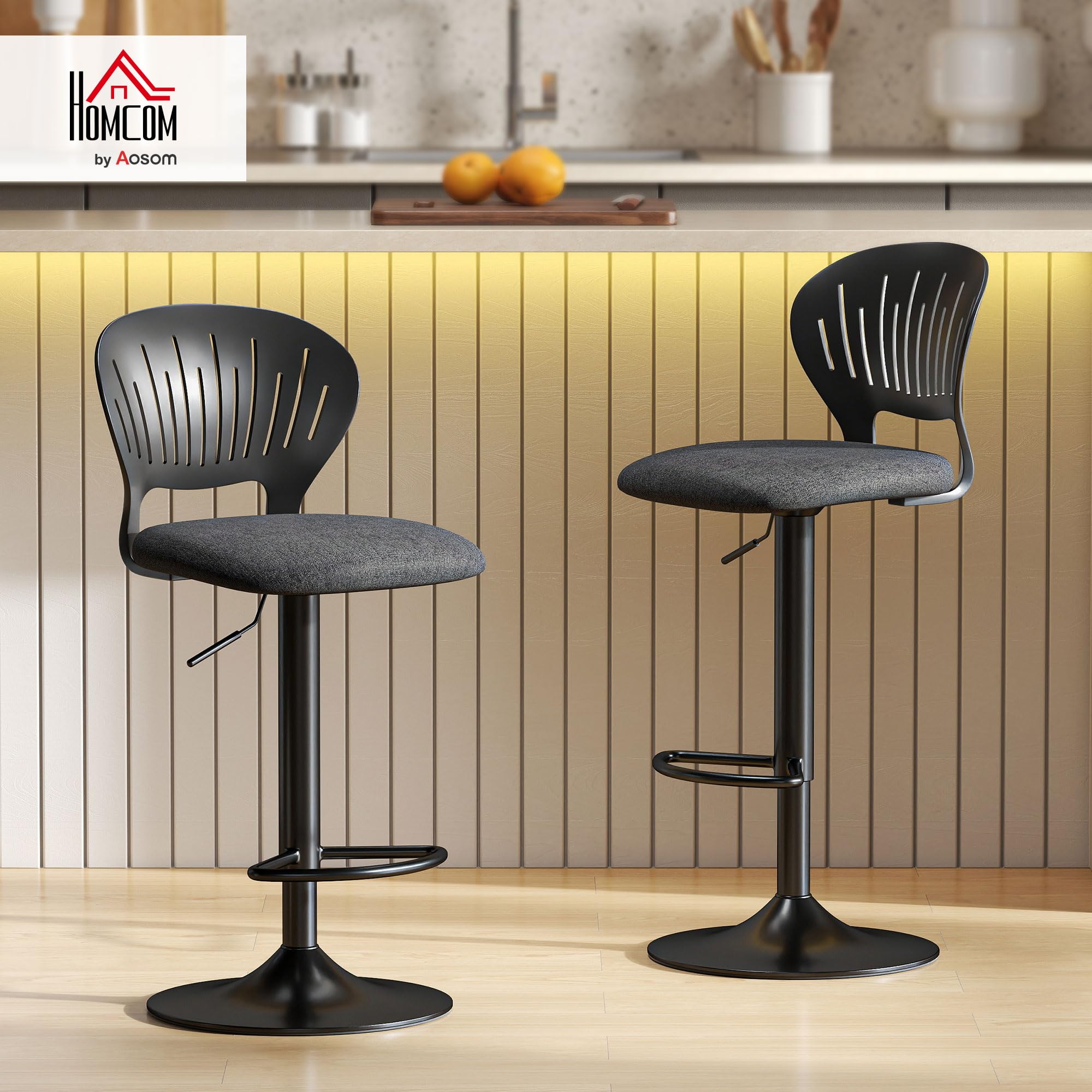 HOMCOM Lot de 2 tabourets de Bar réglables en Hauteur, tabourets de Cuisine Hauts en Tissu de Lin avec Dossier, Repose-Pieds et Assise Souple, Structure en métal, tabourets de Bar Hauts pivotant à