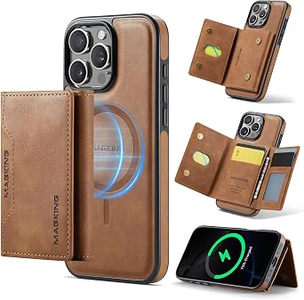 K2 2 in 1 Detachable Magnetic Phone Cases Compatible with iPhone 16 Pro Max Case with Card Holder RFID Blocking, Compatible with Magsafe Wallet, Leather 6.9 Brown, iPhone 16 Pro Max