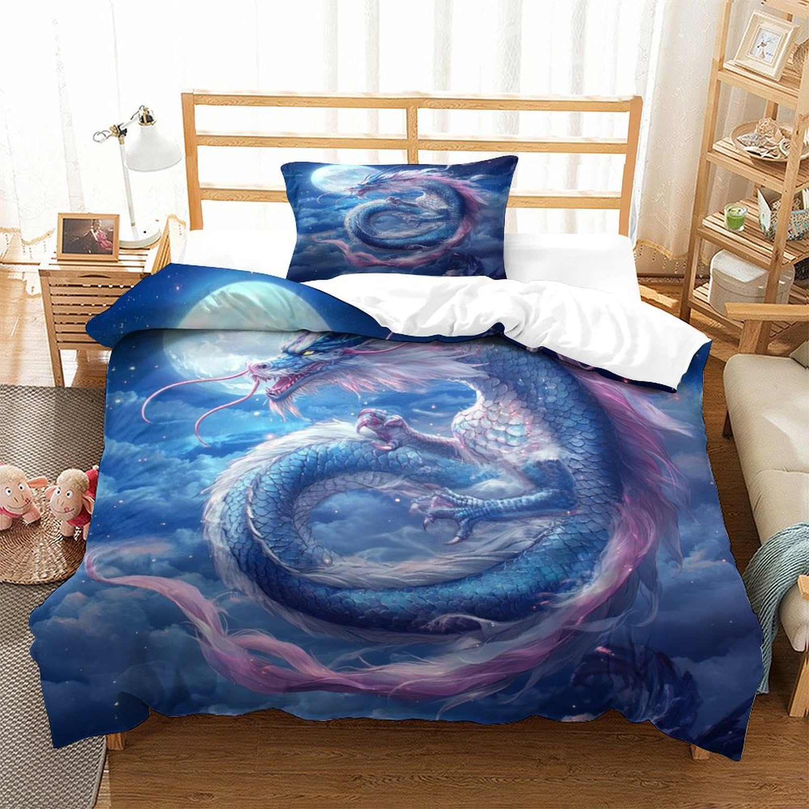 P1s9u7w5y Dragon-2 Fantasy Dragon 3D Printed 3Pcs Microfiber Duvet Cover Set Mystic Dragon Bedding Set Single（135X200cm）