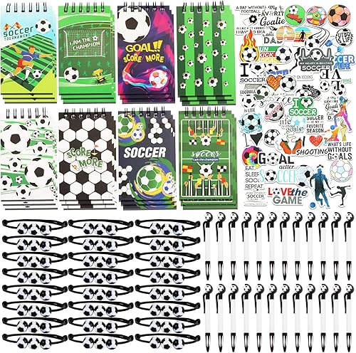 Kolewo4ever Juego de regalos de fiesta de fútbol de 172 piezas con 24 bolígrafos, 24 pulseras, 24 mini bloc de notas, 100 calcomanías de fútbol para
