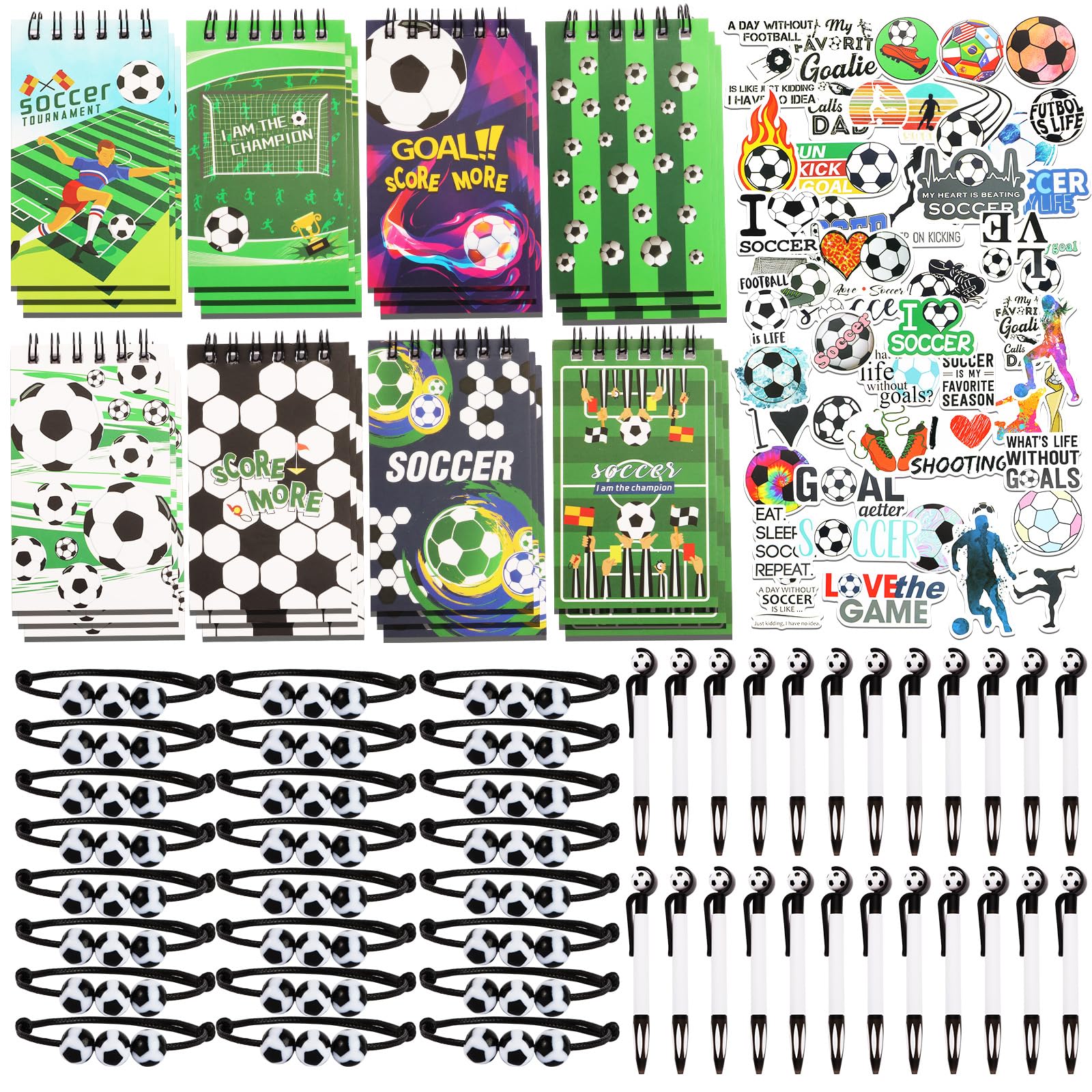 Kolewo4ever 172 Pieces Soccer Party Gifts Set with 24 Ball Pens,24 Wristbands,24 Mini Notepads 100 Soccer Stickers for Soccer Party Supplies Sports