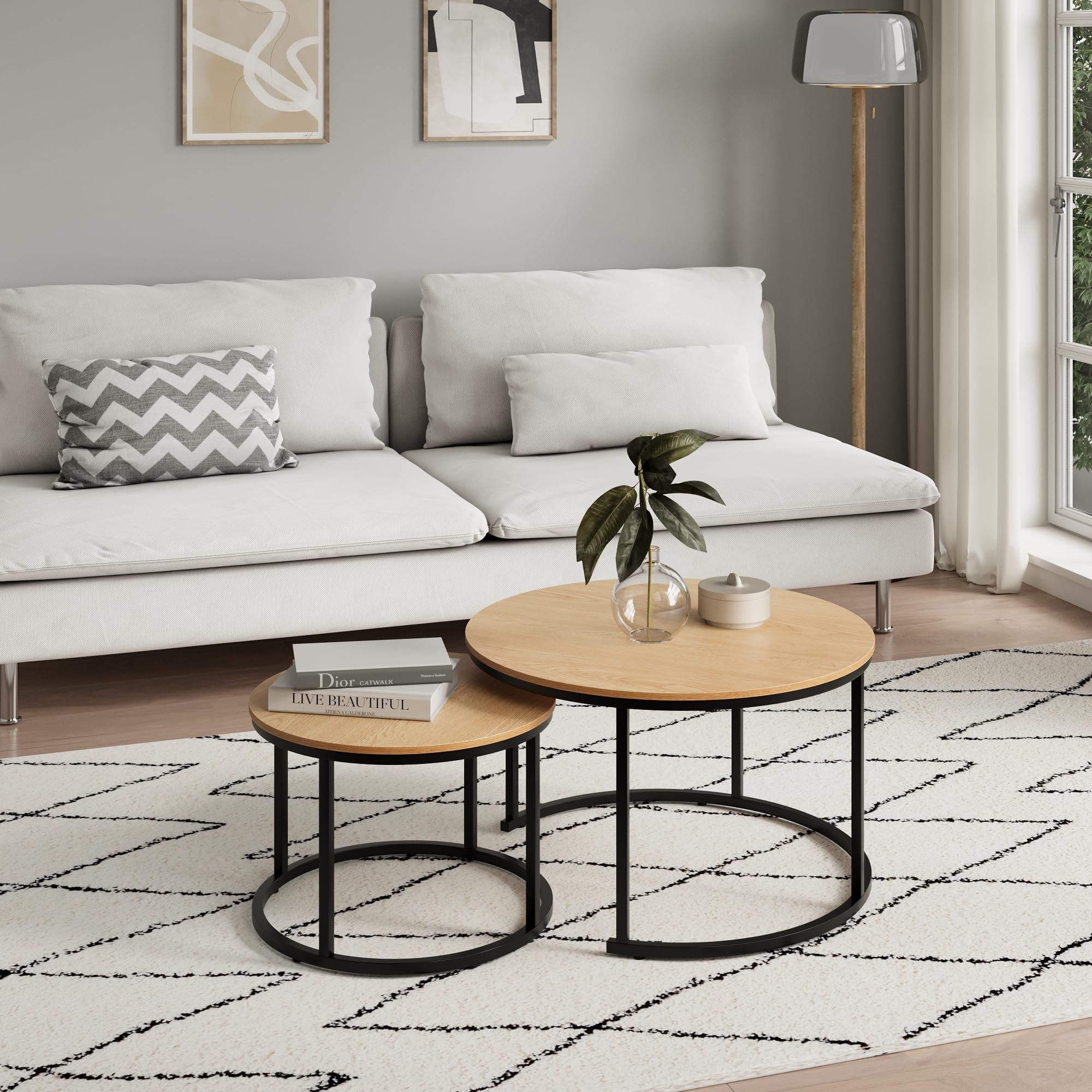 BIGTREE Ronde salontafel, set van 2, houten salontafel, moderne woonkamertafel, bijzettafelset met metalen frame voor woonkamer, balkon, kantoor (zwart