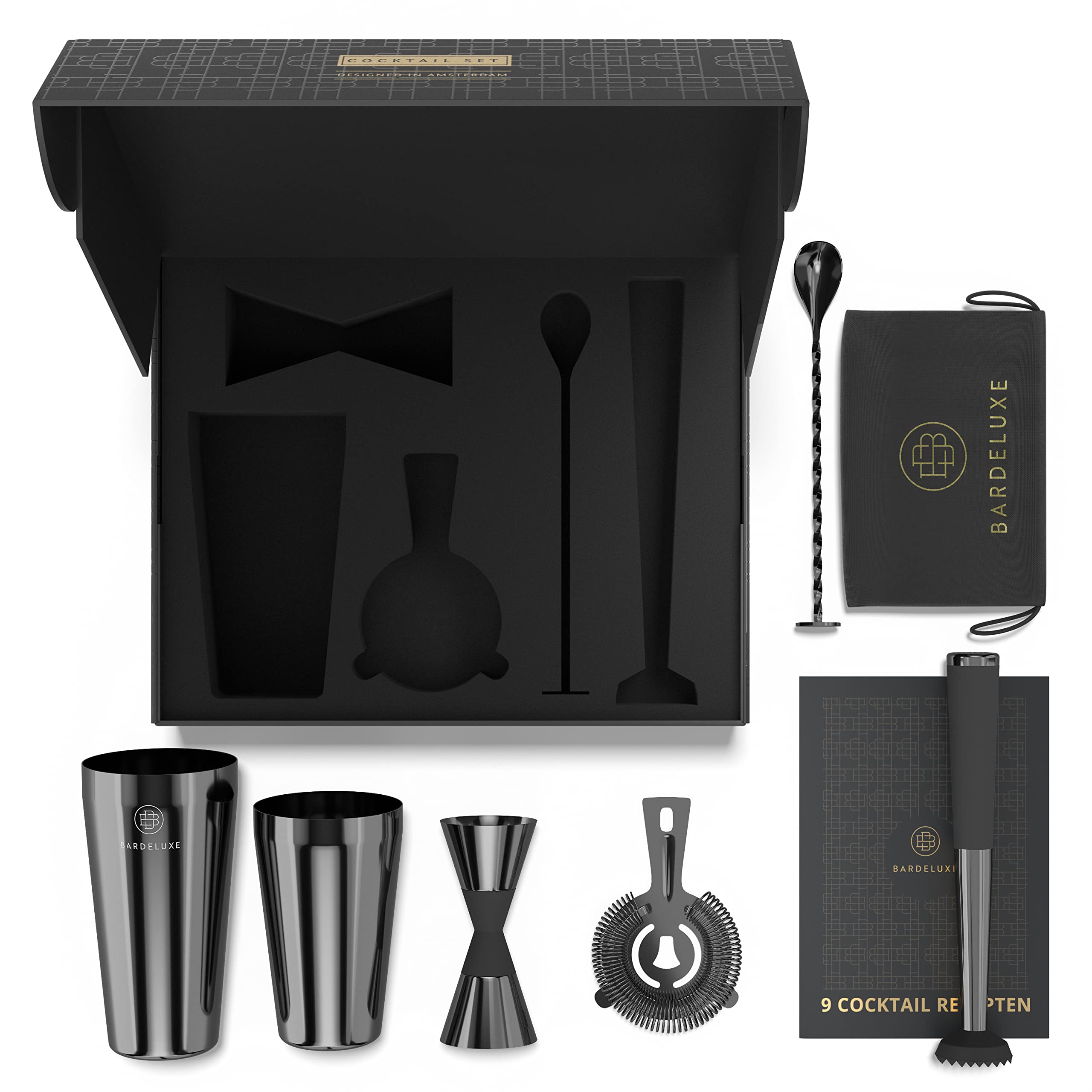 BarDeluxe® Boston Shaker Set de 5 pièces pour Barman - Ensemble de Cocktails - 750 ML - Shaker à Cocktail Boston - en Acier Inoxydable - Accessoires de Cocktail (Noir)