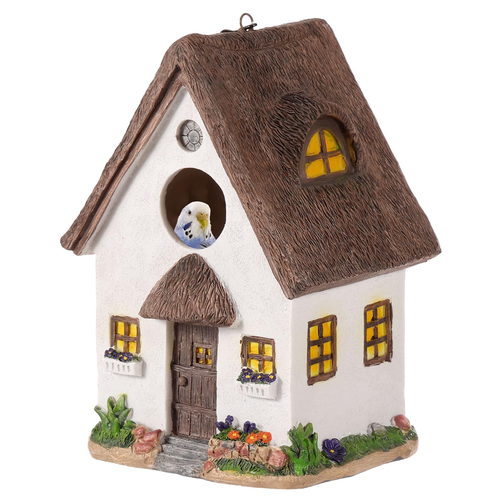 Hanging Bird House Outdoor, Colourful Garden Resin Bird Nesting Box with Entrance Hole, Decorative Patio Birdhouse for Hummingbird, Bluebird, Swallow, Wren, Robin, Finch(White)