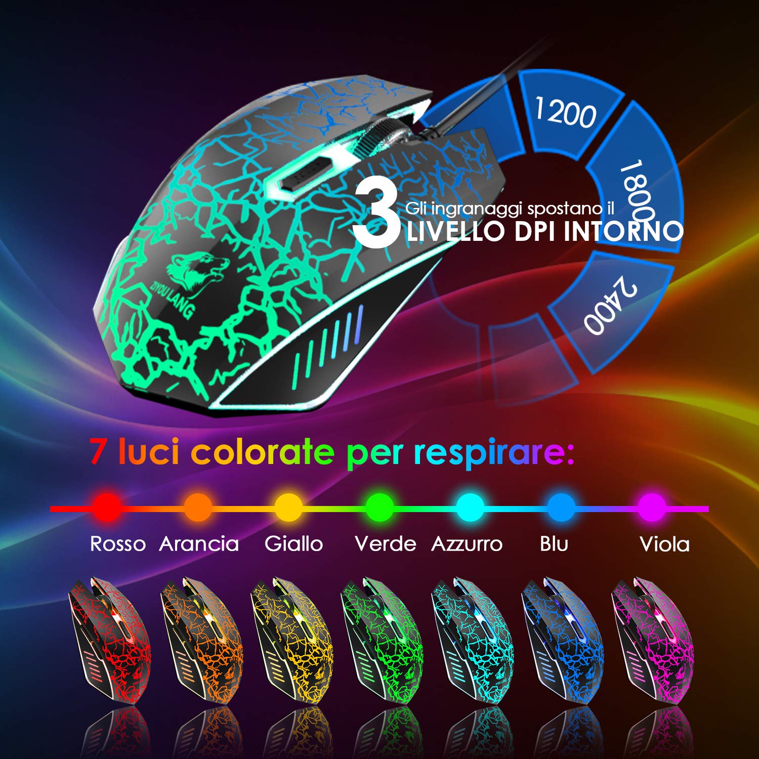 LexonElec T13 Nero IT Layout QWERTY Tastiera e Mouse da Gioco, USB Cablato Retroilluminato LED RGB Arcobaleno 19 tasti non conflittuali, 6 Tasti 2400 DPI colorato Mouse, per Laptop PC Linux PS4 Xbox
