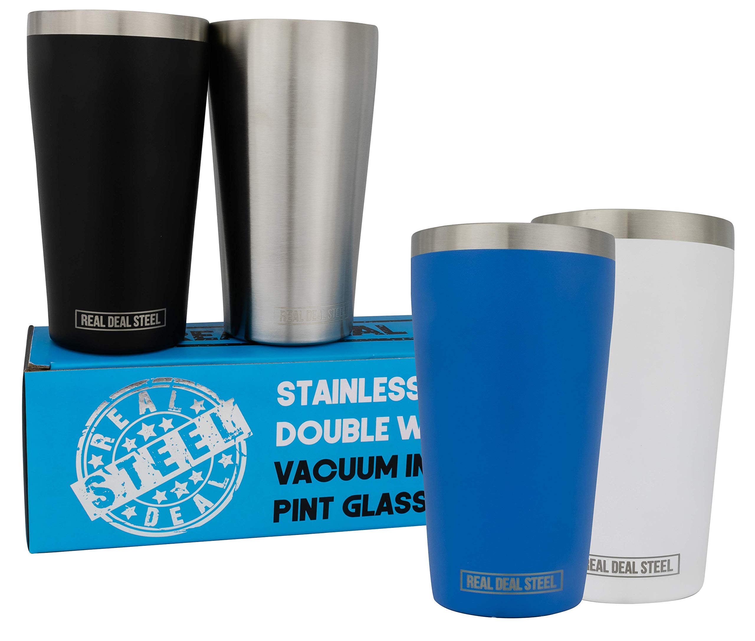 Pint Glasses - Stainless Steel Beer Tumblers - Set of 4 Insulated Cups for Outdoors