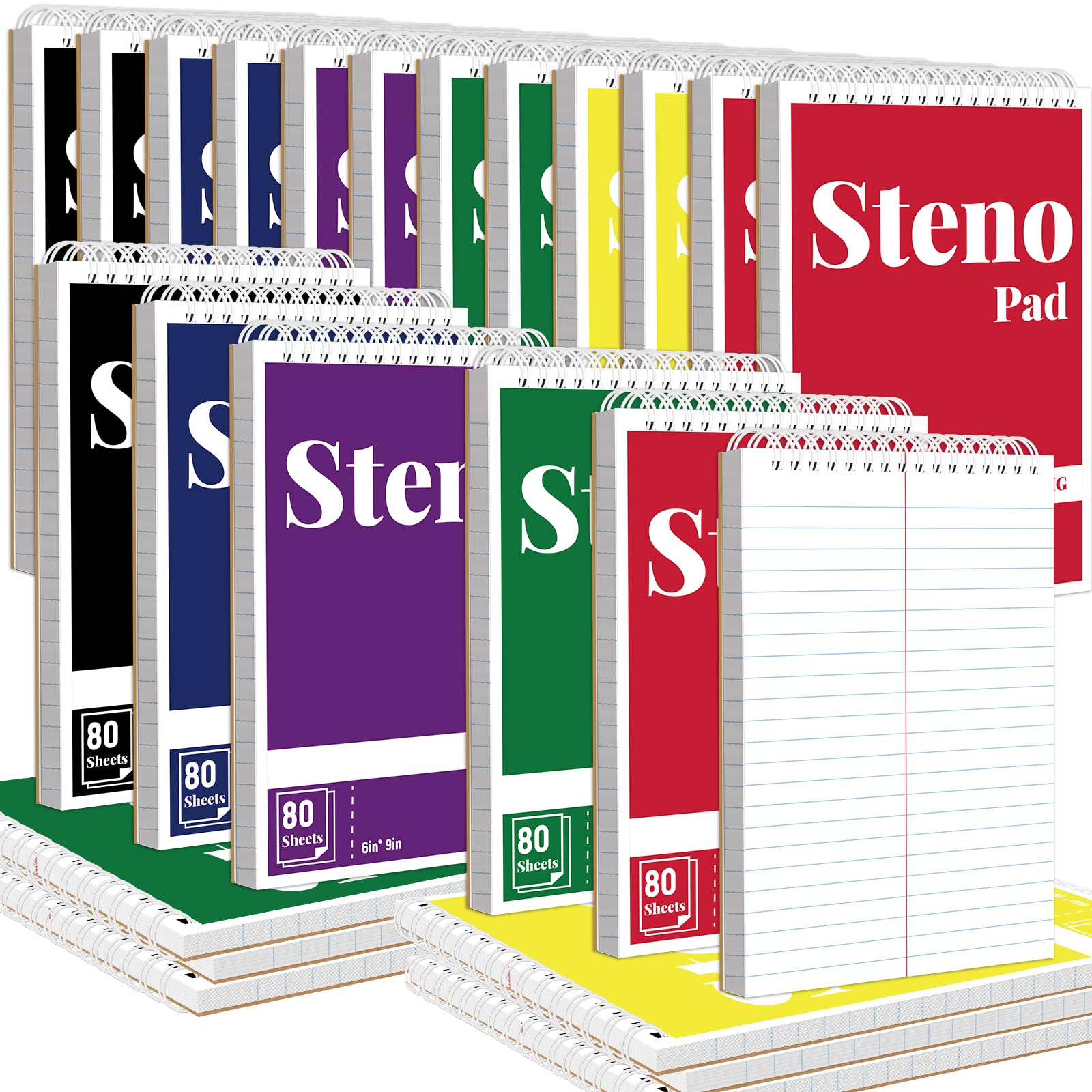 OSIMIG Confezione da 24 blocchi Steno da 15,2 x 22,9 cm, a righe Gregg a spirale, 80 fogli (160 pagine), 6 colori assortiti, quaderno a spirale superiore 6 x 9 per scuola, università, università
