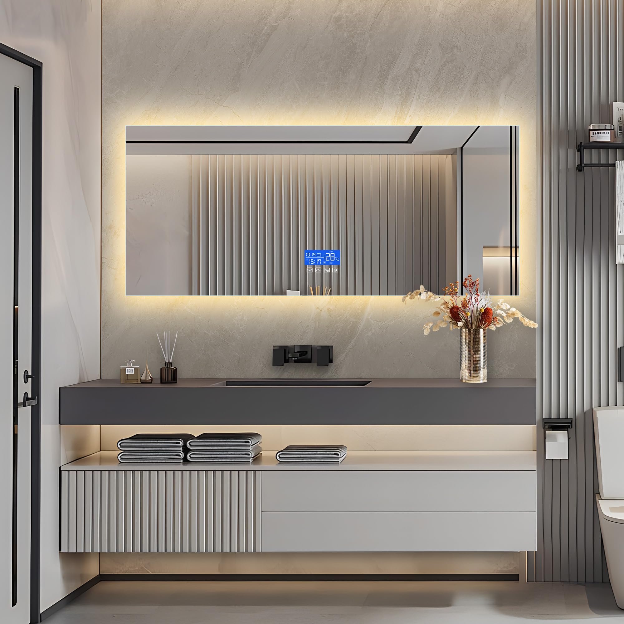 USROCAS Espejo de baño con iluminación e indicador de temperatura, 60 x 140 cm, espejo de pared con interruptor táctil y cristal a prueba de explosiones, 3 colores de luz regulable