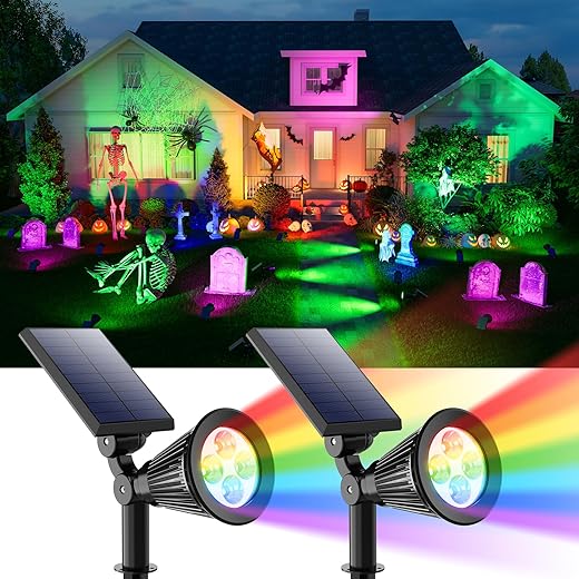 2 Pack Color Change Halloween Solar Spotlights Outdoor Rainbow Waterproof Landscape Uplights for Outside Decor, Skeletons, Ghost, Witch, Accent Lighting for Wall, House, Patio, Path, Pool, Walkway