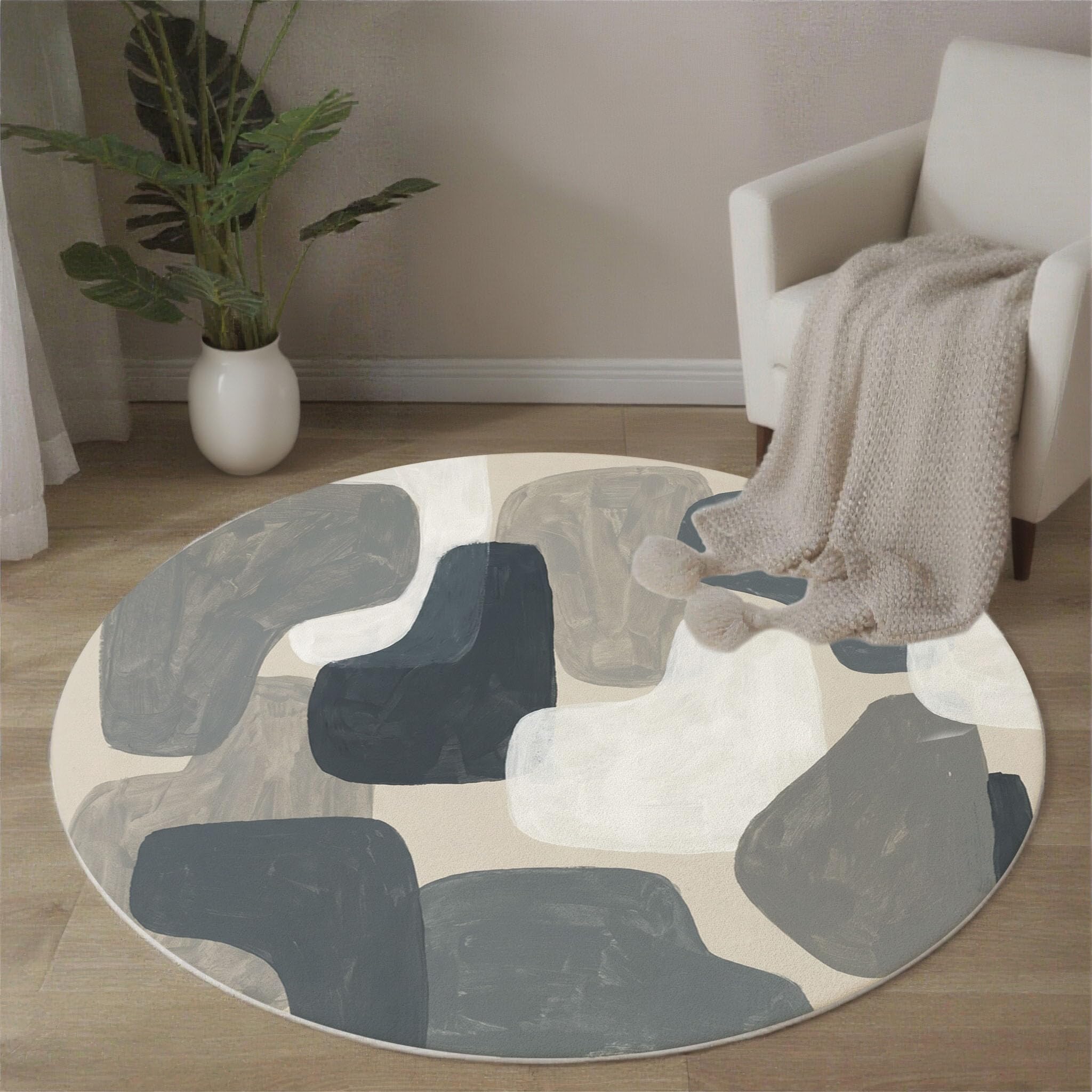 Tapis Rond Blocs De Couleur Irréguliers 100cm, Minimalisme Nordique Lavable en Machine Tapis Rond pour Salon, Antidérapant, Imprimé pour Salle à Manger, Chambre, Nurserie, Gris-Brun