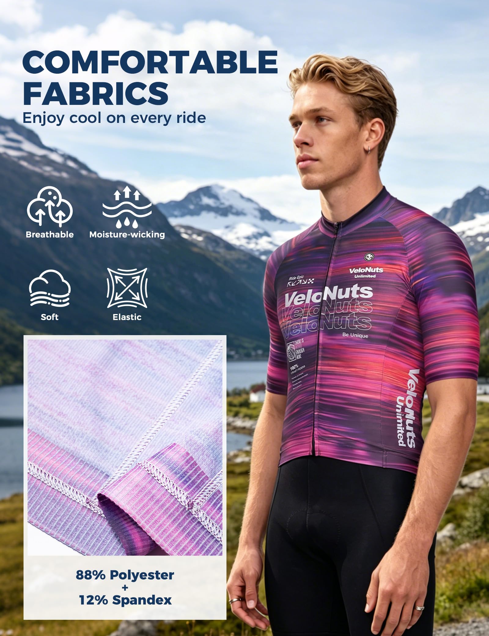 Fahrradtrikot Herren Kurzarm, Schnelltrocknend Atmungsaktiv Radtrikot, Leicht Kurze Passform Rennradtrikot mit 3 Rückentaschen, Reißverschluss für Rennrad und Outdoor, Lila