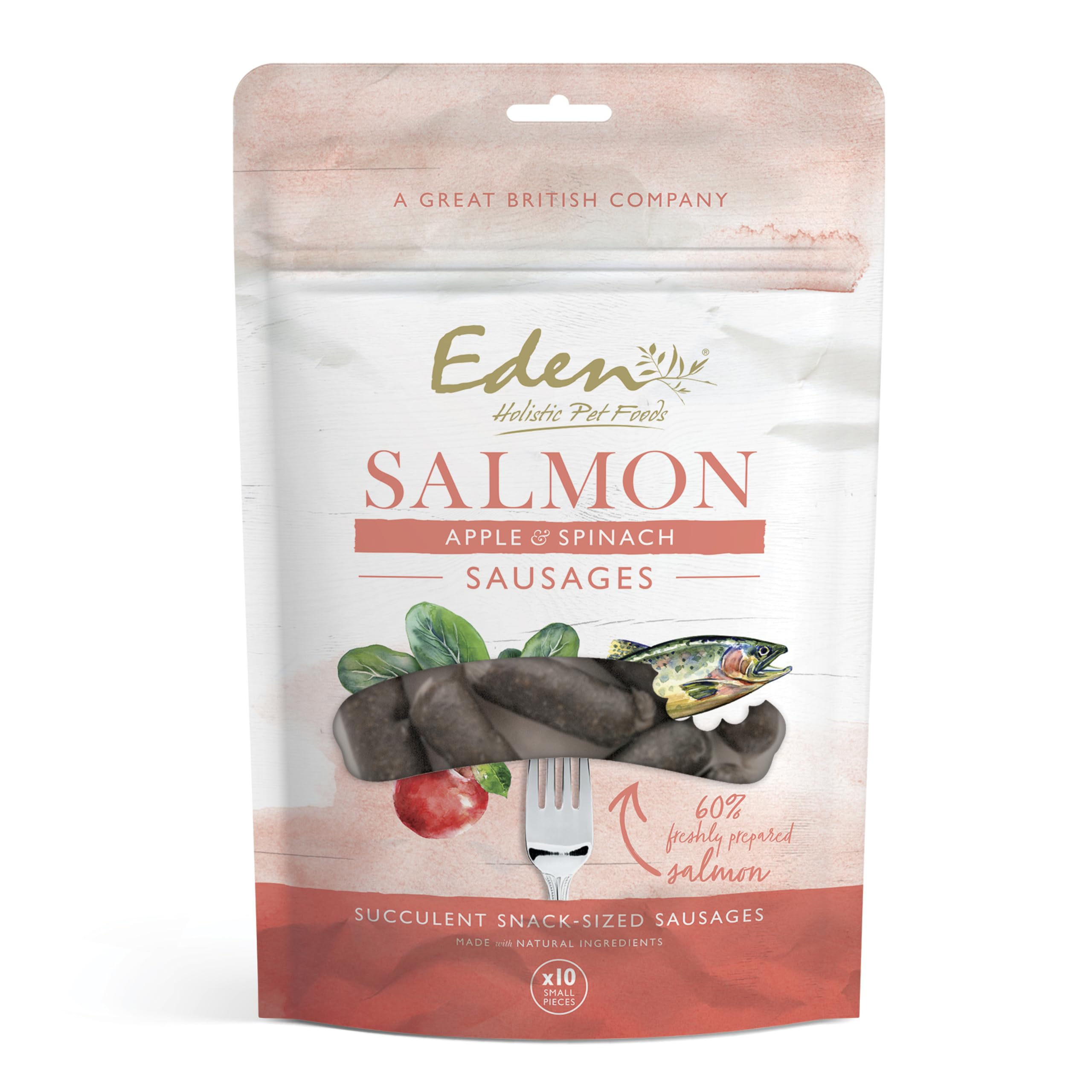 Salmon, Apple & Spinach Sausage Treats, Suitible for Adult and Senior Dogs, Succulent soft large Sausages, perfect for training or as a reward, dog treats. 1 Pack - 10 small Sausages — image 1