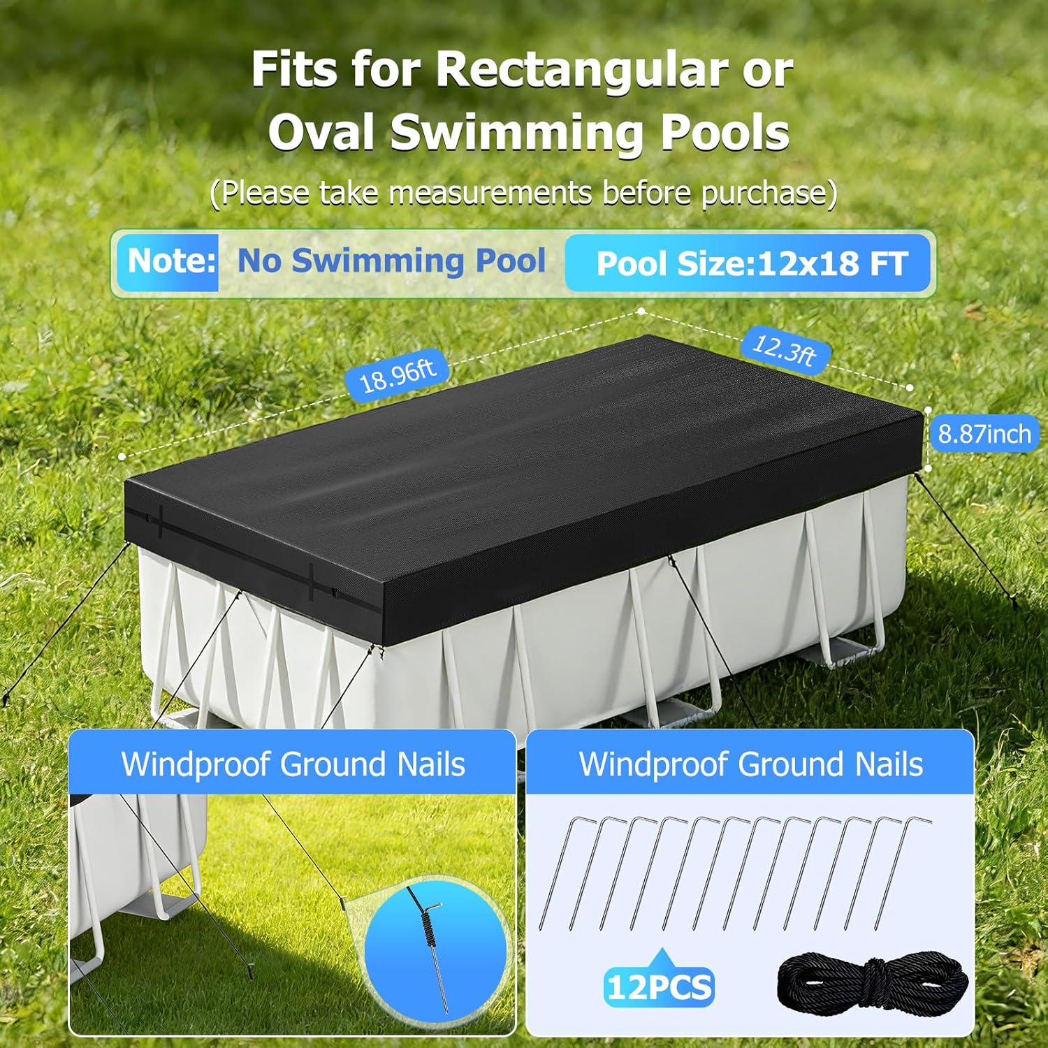12x18 FT Rectangular Pool Cover, Solar Pool Cover for Above Ground Pool, Swimming Pool Cover Including Buckle, Drawstring and Ground Nails for Rectangular or Oval Pools