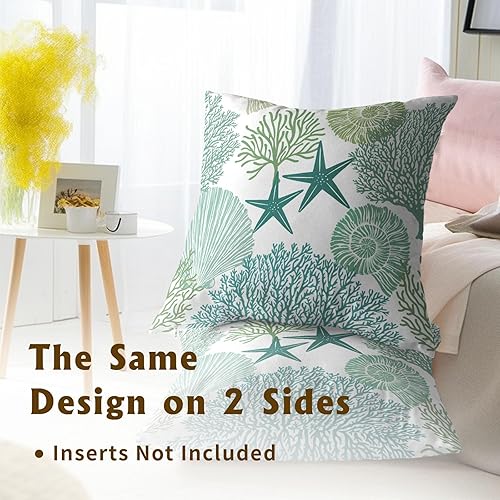 Miniatura 5 de Juego de 2 fundas de almohada cuadradas de algodón suave con temática náutica costera de verano, 18 x 18 pulgadas, diseño de conchas marinas y