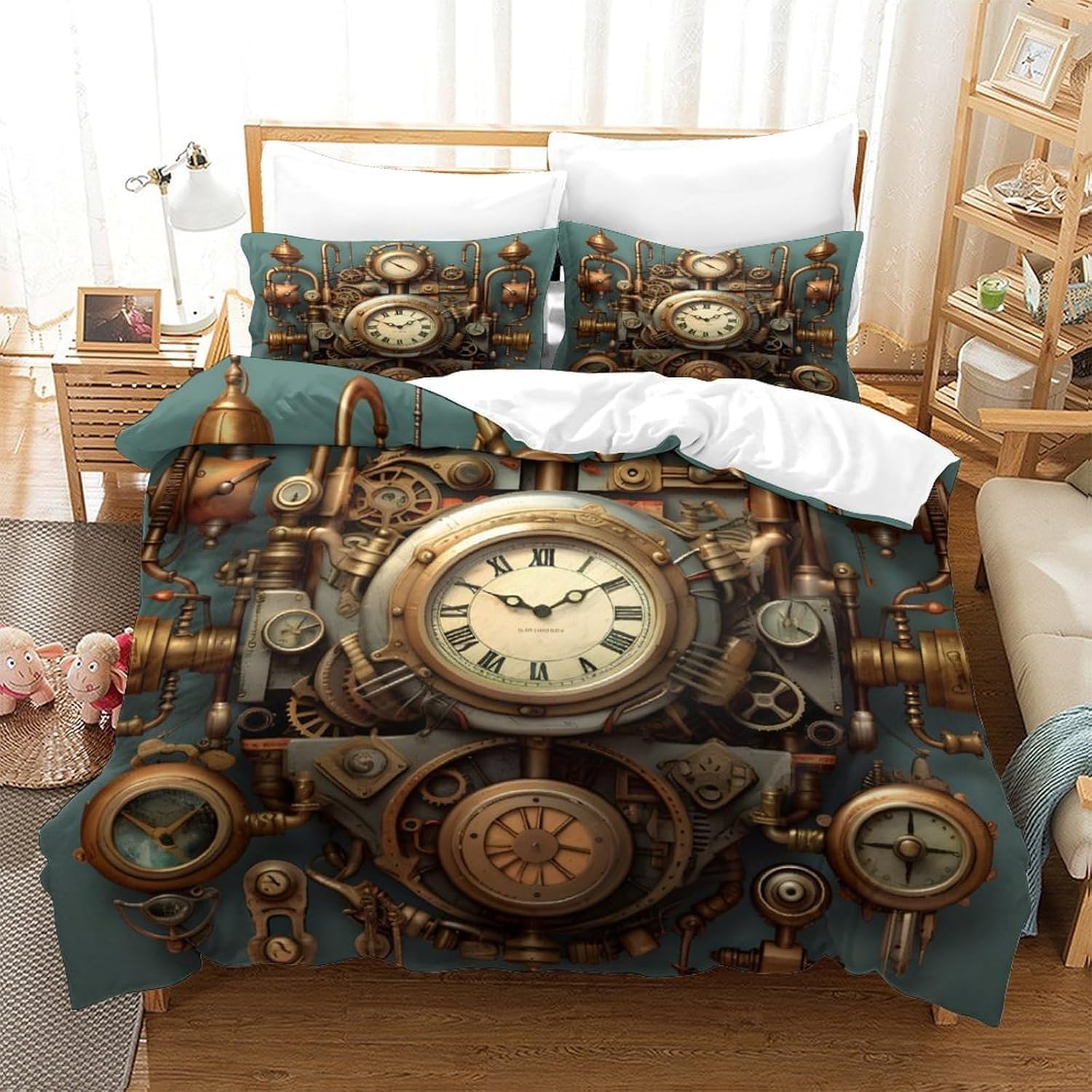 Pościel z zegarkiem mechanicznym, 240 x 260 cm, styl retro, poszewka na kołdrę 3D, miękka pościel z mikrofibry, zestaw 3-częściowy z 2 poszewkami na poduszkę 80 x 80 cm, dla nastolatków i dorosłych, E