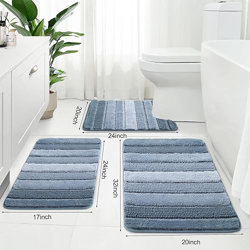 Miniatura 2 de Kmson Juego de 3 alfombras de baño de felpilla ombré, antideslizantes, ultra suaves, lavables, peludas para bañera, tapete de ducha de microfibra