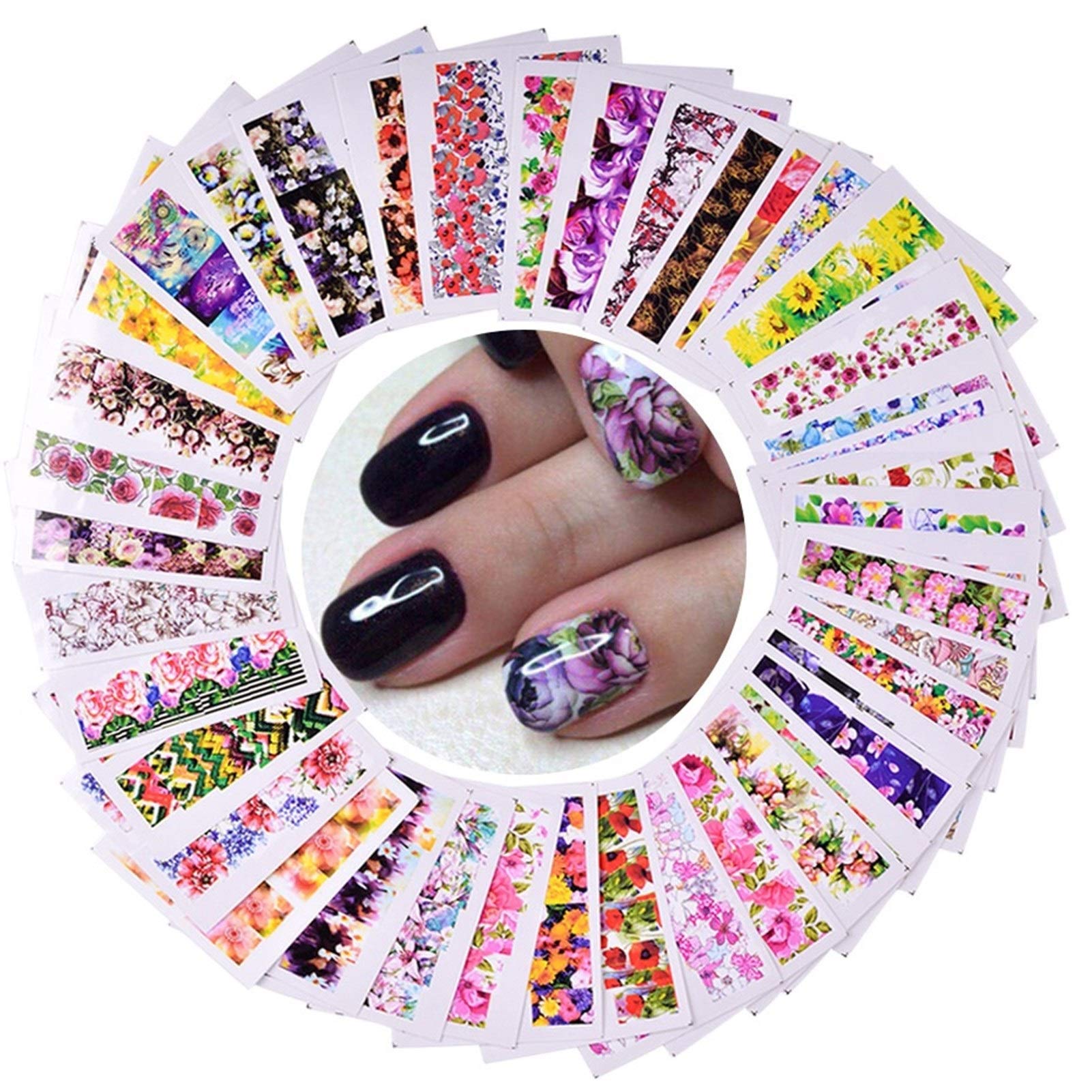 claral48pcs Flwoer Designs for Nails Sticker Mixed Colorful Flower Full Foils Polish DIY Watermark Tools Nail Art Decals TRSTZ352-391 Claral