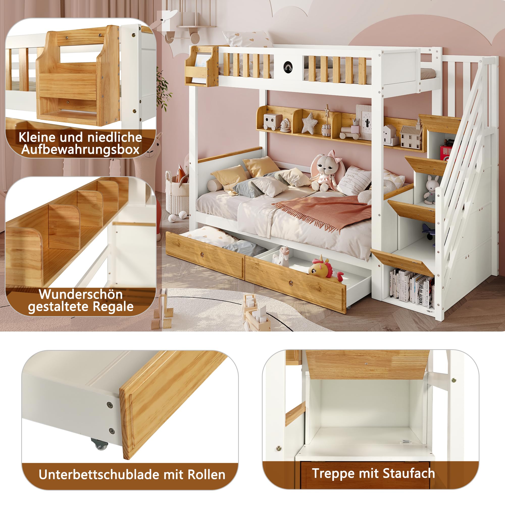 Litera Cama Infantil 90x200 con Escalera de Almacenamiento y 2 Cajones, Literas Cama Alta con Pizarra y Estantería, Camas con Protección Anticaídas y Somier, Sin Colchón, Blanco+Natural