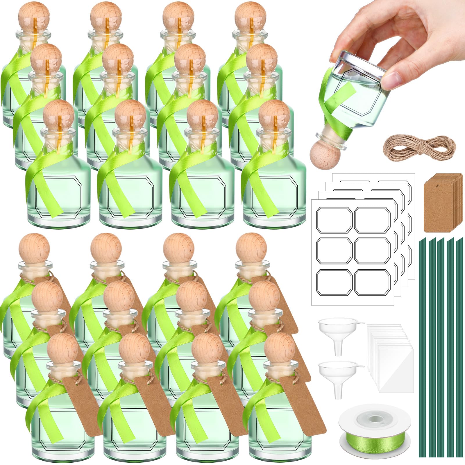 Photo 1 of Baderke 24 Pcs 50 ml /1.7 oz Liquor Shot Bottles Empty for Drinks Mini Tequila Shot Bottles with Cork Lids Green Ribbon Reusable Glass Bottle for Weddings Birthday Party Favors DIY Crafts