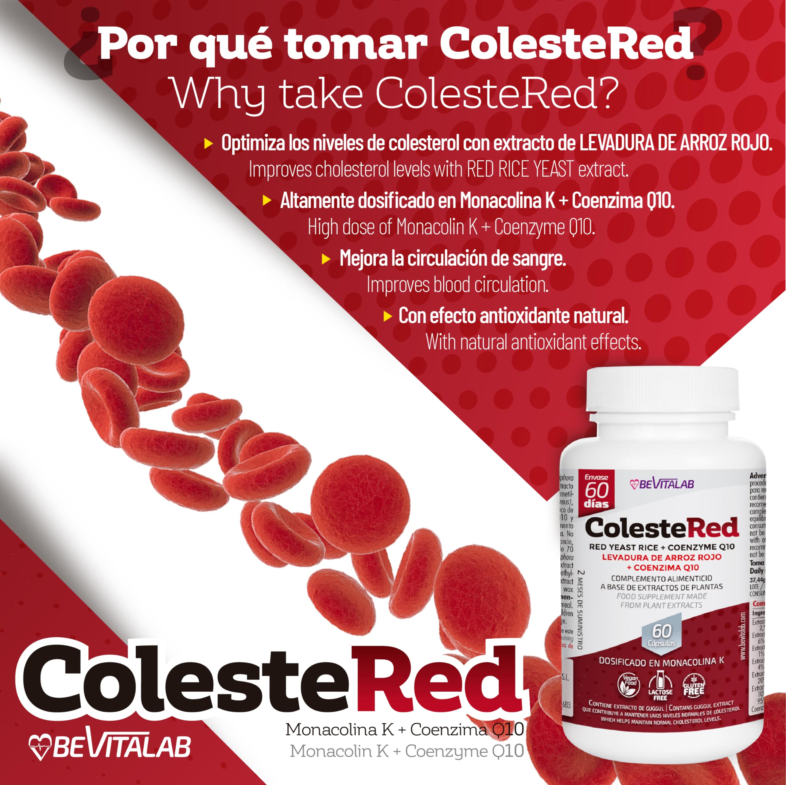 Colestered para Regular Nivel de Colesterol y Salud Cardiovascular, Levadura de Arroz Rojo con Monacolina K, CoQ10, Vitamina B6, Suplemento Alimenticio, 60 Cápsulas, Fabricado en España