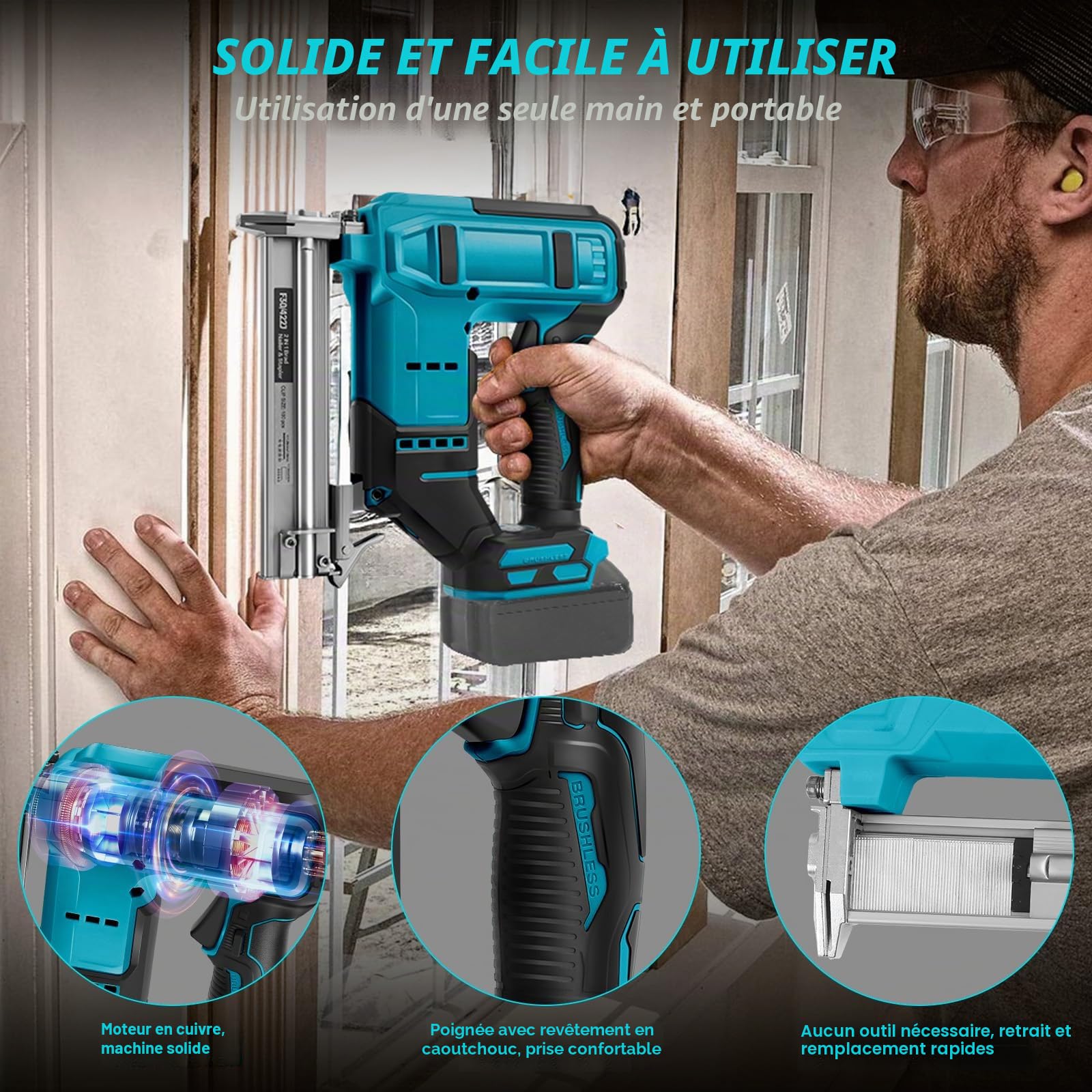 Cloueuse sans fil compatible avec batterie Makita 18 V (sans batterie), agrafeuse électrique sans balais 18 GA avec 500 clous et 500 agrafes, pistolet à clouer sans fil à 2 modes pour tapisserie
