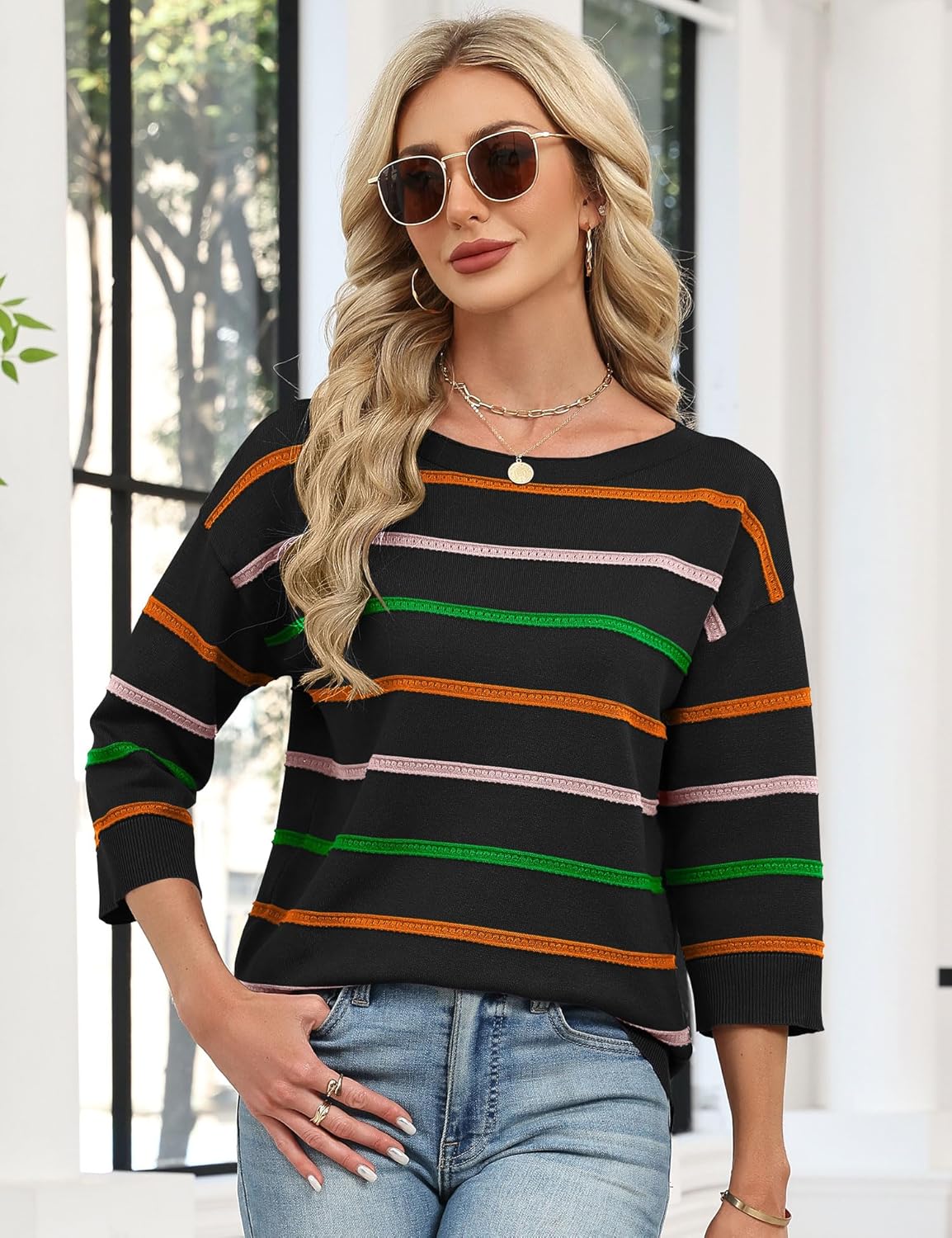LOMON Women's Soft Comfy Knit Pullover Sweater Striped Boat Neck Spring Dressy Casual Sweater Tops 2026 - Image 5
