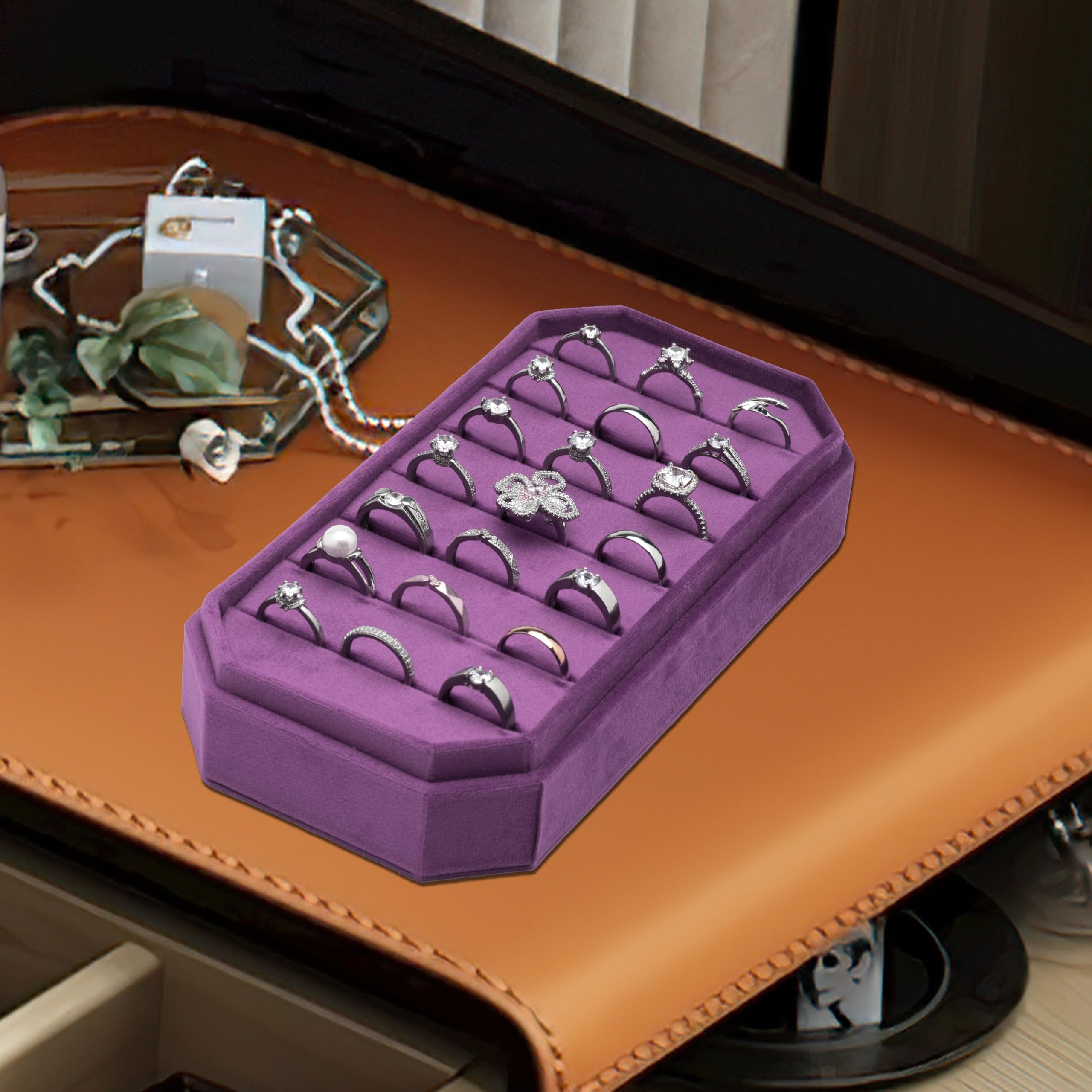 COWFEX Velvet Ring Organizer Display Tray Jewelry Box Earring Holder Case for Wedding Birthday Christmas Day (): Purple