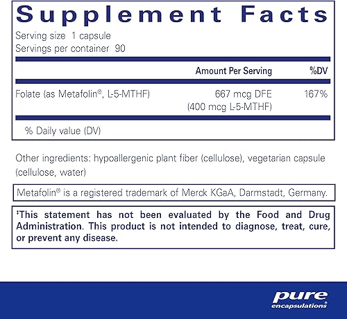 Miniatura 2 de Pure Encapsulations Folate 400  Metafolin L-5-MTHF Suplemento para apoyar la salud cardiovascular celular y neuronal  90 Cápsulas