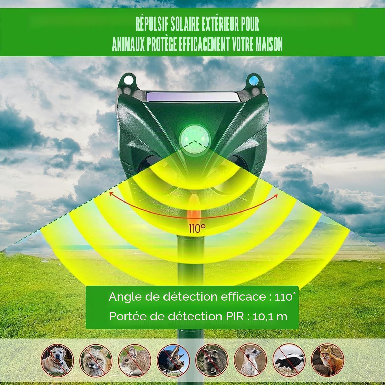 Répulsif à ultrasons pour chat, 5 modes, solaire et rechargeable, dissuasif pour cerf, chien, lapin, mouffette, oiseau pour jardin extérieur (RC546)