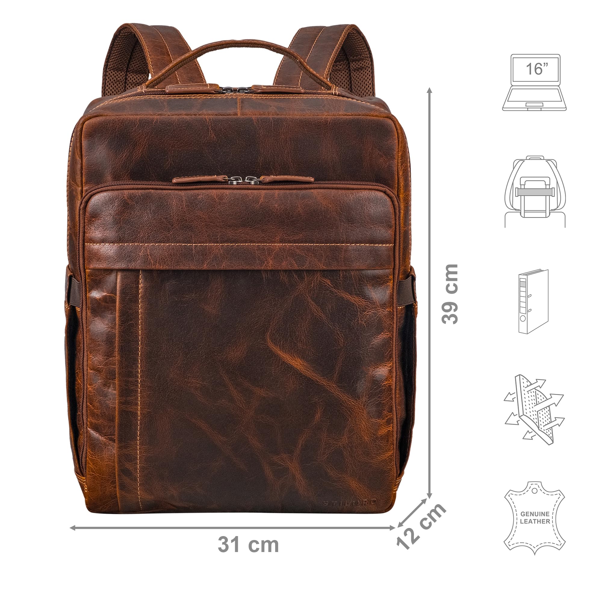 STILORD Aldo Mochila Cuero Genuino - Mochila de Piel Hombre y Mujer con Compartimento para Laptop de 15-16 Pulgadas - Macuto de Cuero con Sistema de Acoplamiento para Carrito Color:luino - marrón