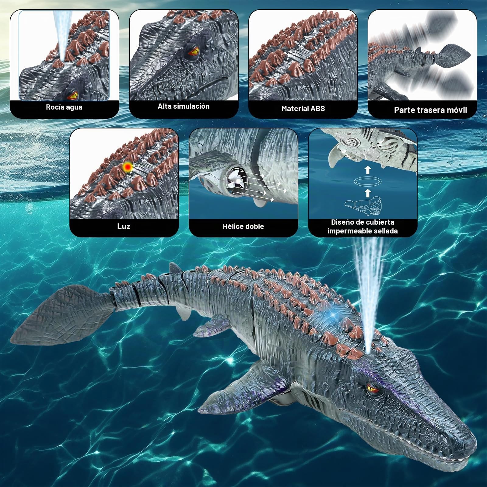 Barcos Teledirigido RC Mosasauru, 2.4GHz Impermeable Juguete del Mosasaurio De Agua con Agua pulverizadora, Dinosaurio Teledirigido Agua, Regalo para Niños Piscina, Lago, Baño (Gris)