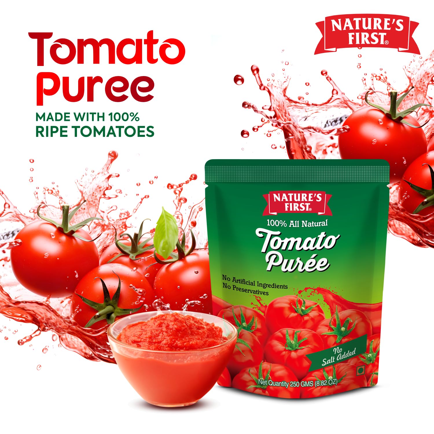 Nature's First Tomato Puree (Pack of 10) 250gms, Fresh, Thick & Natural Tomato Paste for Cooking, Add Rich Flavour in Dishes, No Added Salt, No Preservatives, Sweet and Pure, Vegetarian 1