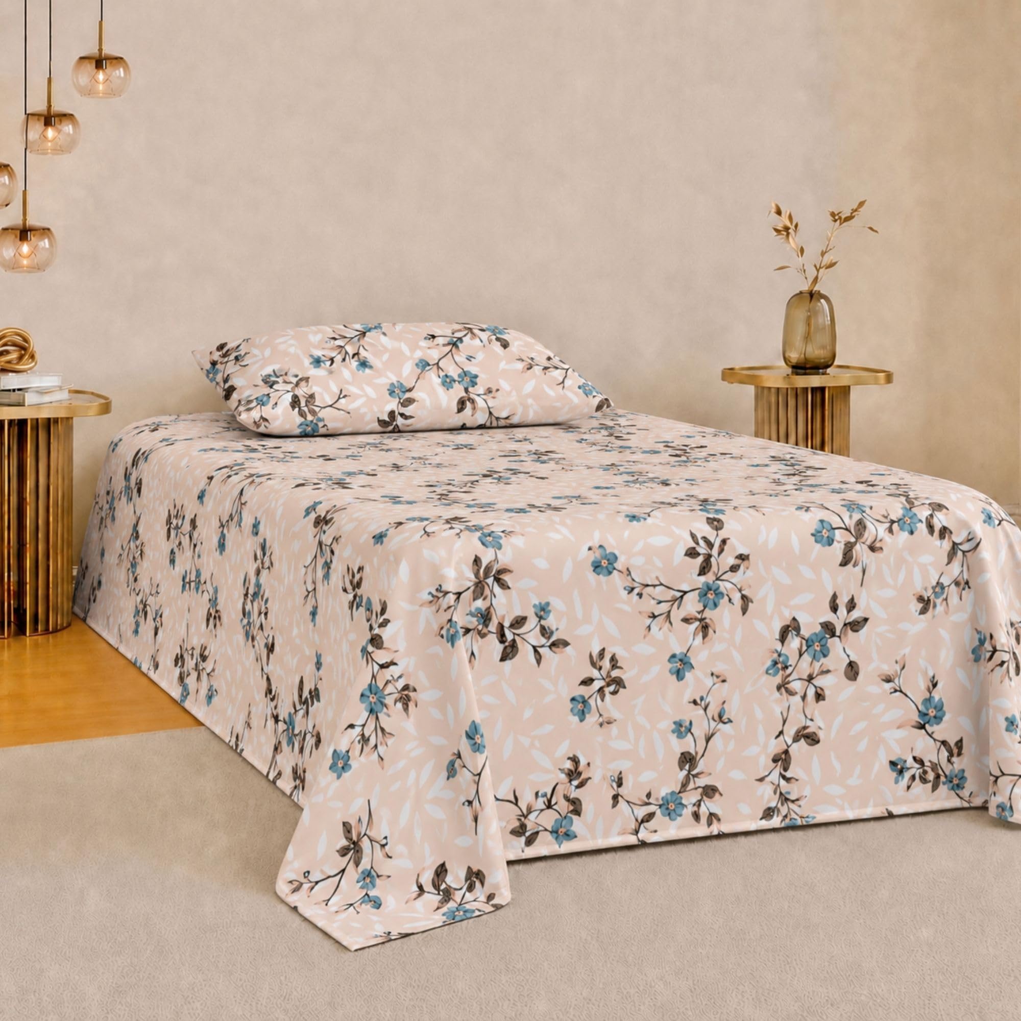 Jaipur Weaves Bedsheet Single Size 100% Pure Cotton Bed Sheet with 1 Pillow Cover, 240 TC Premium Bedding Set, 63x90 inches, Super Soft Cozy(Spring Tulips Pink)