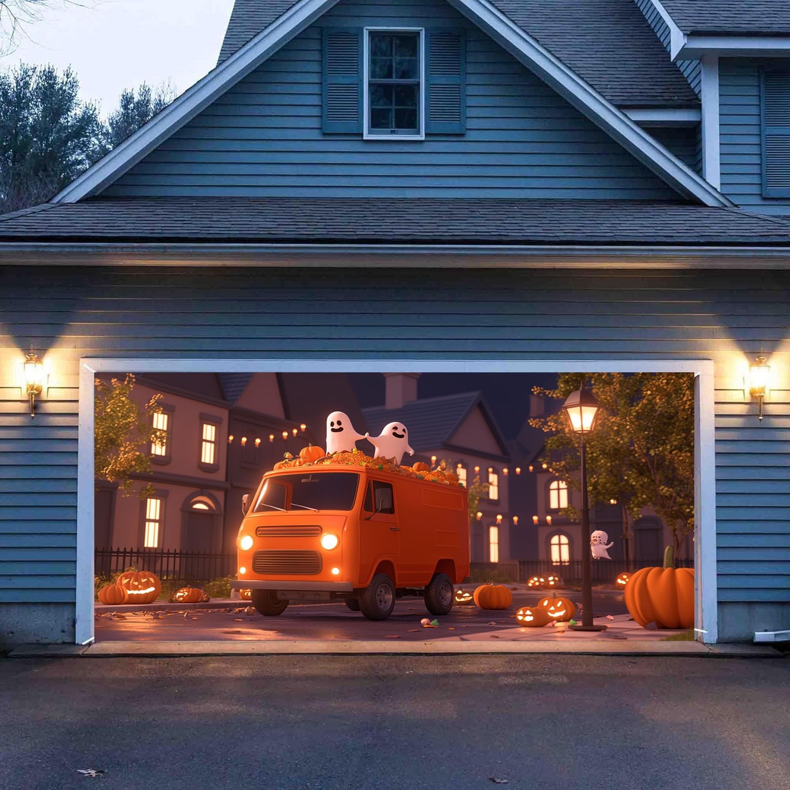 Letrero de patio con temática de Halloween para puerta de garaje cuenta con un diseño extraño e interesante que seguramente atraerá la atención de los invitados de truco o fiesta.