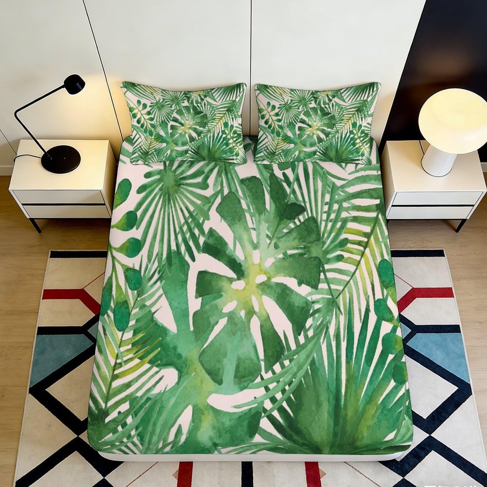 3D Printed Tropical Leaves Fitted Sheet Microfiber Soft Breathable Jungle Plant Mattress Cover for Bedroom Dorm 200x200x25cm