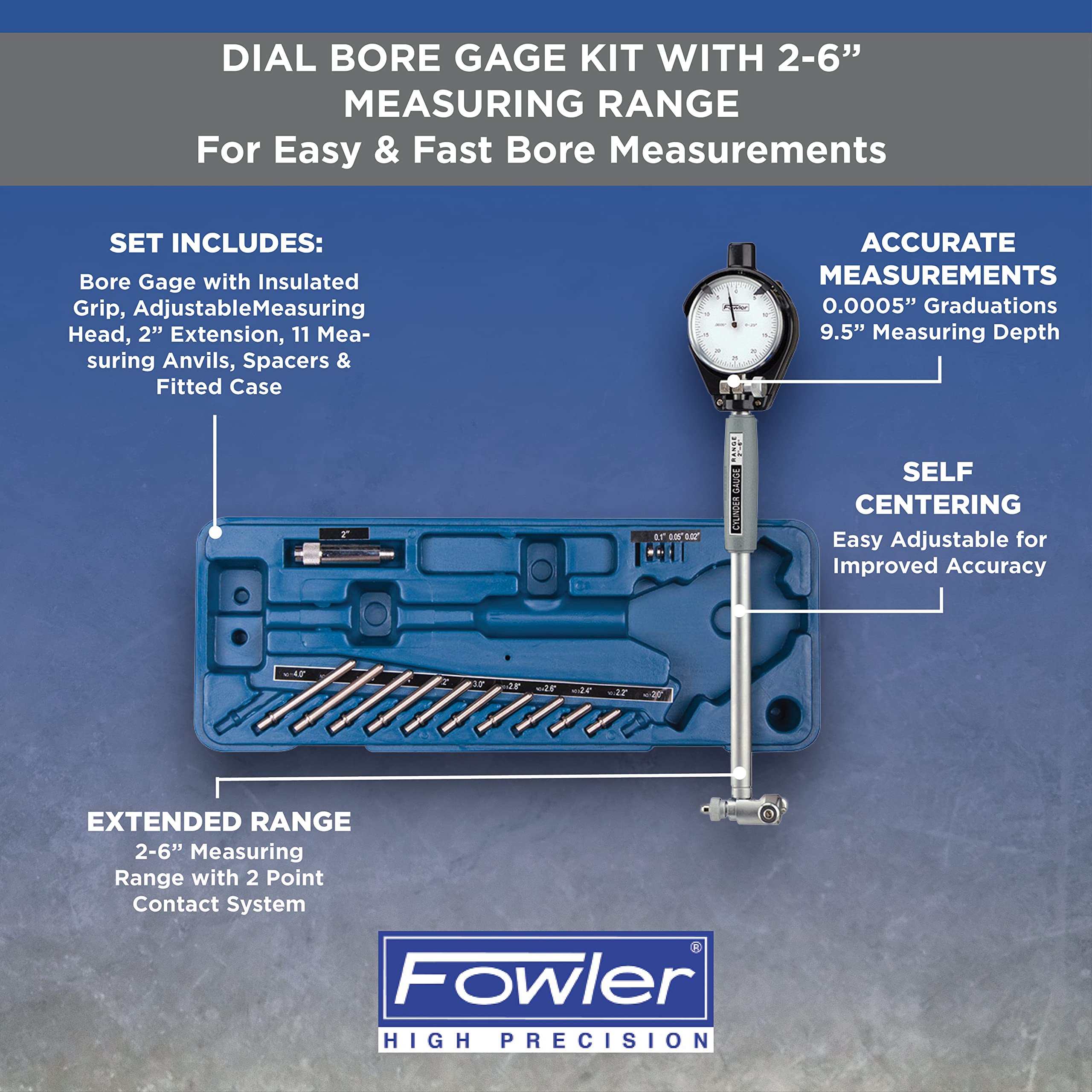 Fowler 526463000 Dial Bore Gage with 2"6" Measuring Range, Self