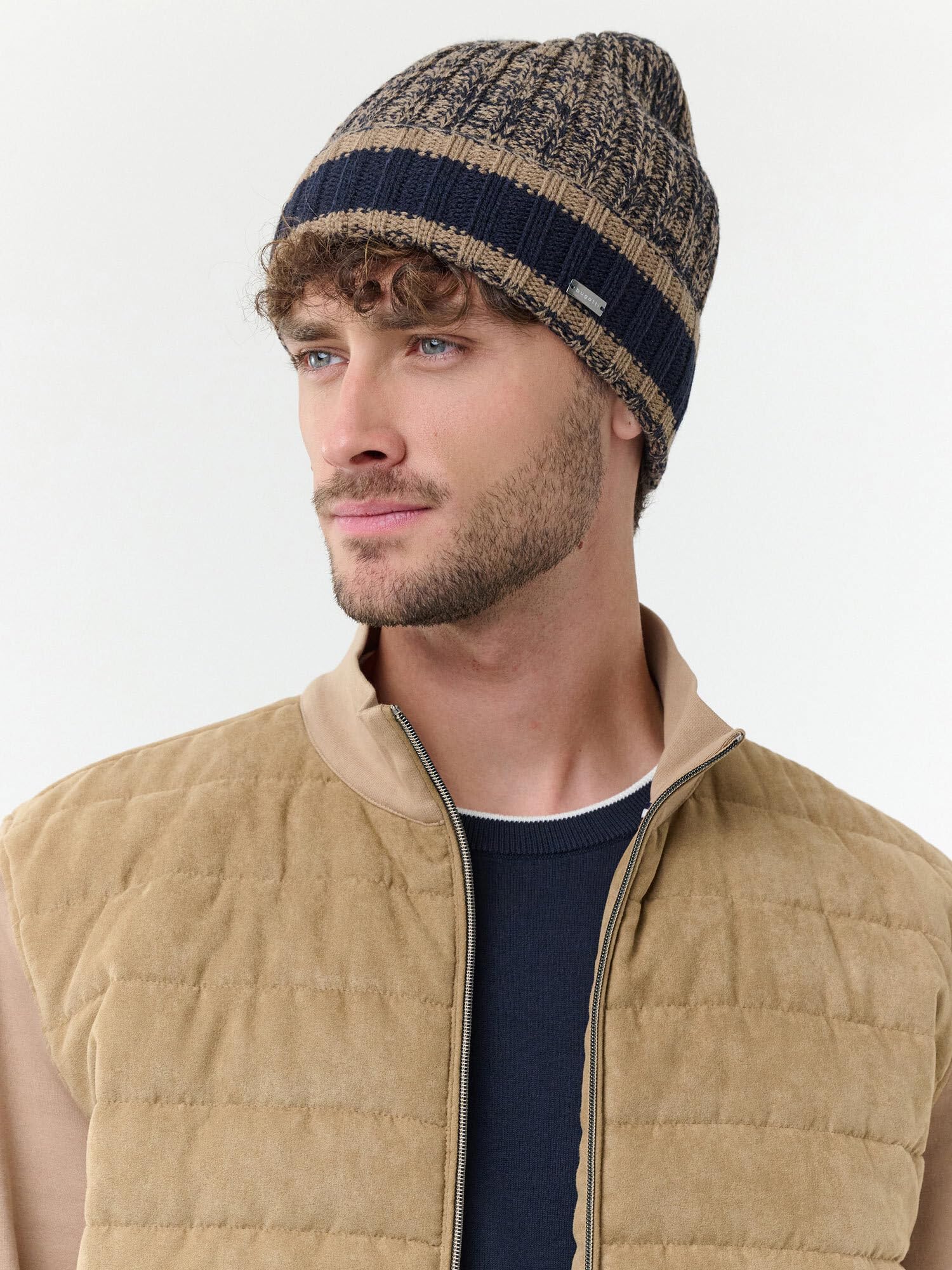 bugatti Męska czapka beanie, melanżowa i wiatroszczelna, rondo w paski, żywa wełna, metalowe logo