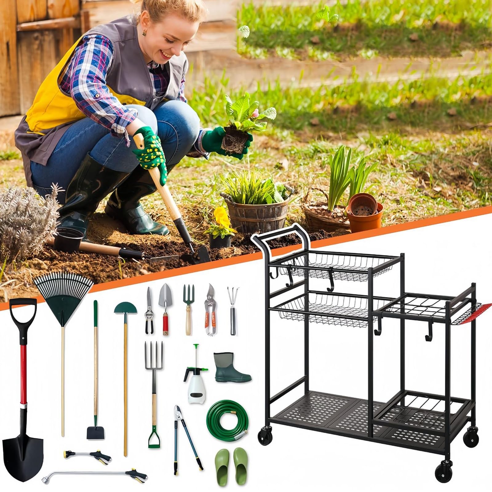 Carrito de herramientas de jardín con agarre suave, 6 ganchos extraíbles, ruedas universales y ganchos laterales para un almacenamiento cómodo y organización de suministros de jardinería