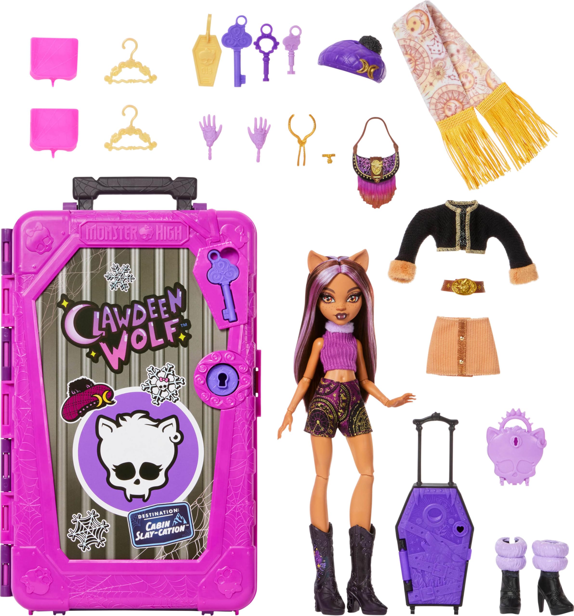 Monster High Monstrueux Secrets Coffret Clawdeen Wolf avec poupée et accessoires, destination : Chalet squelettastique, avec une valise et plus de 19 surprises (vêtements inclus), JMG65