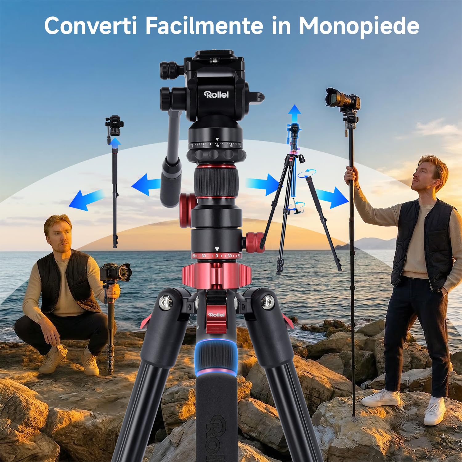 Treppiede Fotocamera 212cm Rollei Compact Traveler No.2 XL Video Cavalletto Fotografico in Alluminio con Braccio Orizzontale Testa Fluida Funzione Monopiede Camera Tripod con Supporto per Telefono
