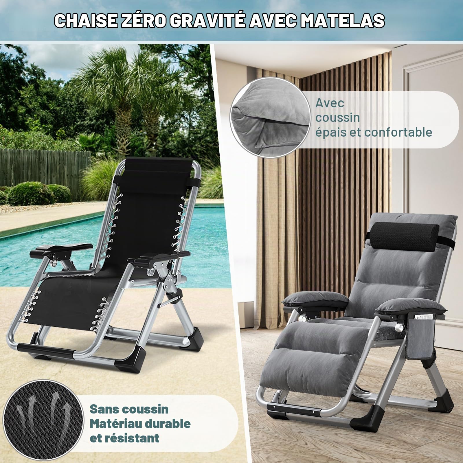 MOPHOTO Zero Gravity Chaise inclinable Pliante avec Coussinet et Poche latérale, Charge de 200 kg, Parfaite pour la Sieste, Le Salon, Le Balcon, Le Jardin, la terrasse（Gris Clair）