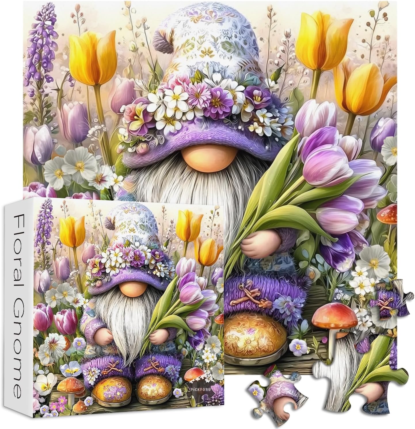 Gnome Puzzles for Adults 1000 Piece, PICKFORU Impossible Flower Plant Jigsaw Puzzle Tulip Mushroom, Challenging Colorful Garden Art Theme as Wall Decor