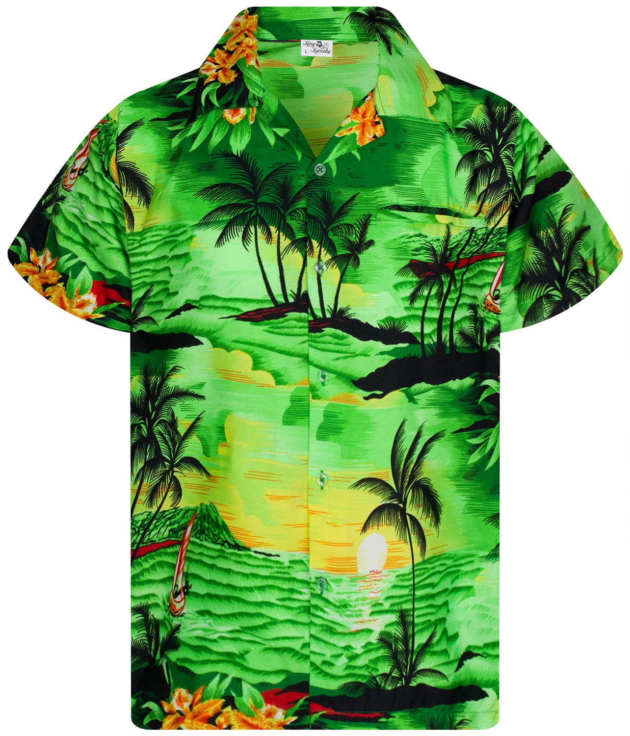 King Kameha Funky - Camisa Hawaiana para niños, niñas, Manga Corta, Bolsillo Frontal, Estampado Hawaiano, Unisex, Estampado de Palmeras